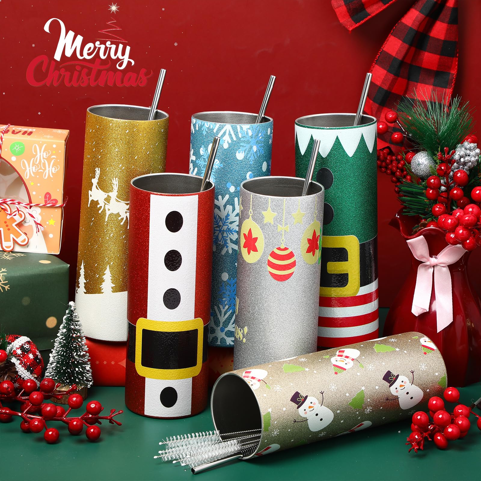 Sliner 6 Stück 590 ml Weihnachtsbecher gerade Edelstahl Skinny Tumbler Bulk Shiny Glitter Cup mit Deckel Strohhalme und Bürsten für Weihnachtsgeschenk Freunde Familie Kinder