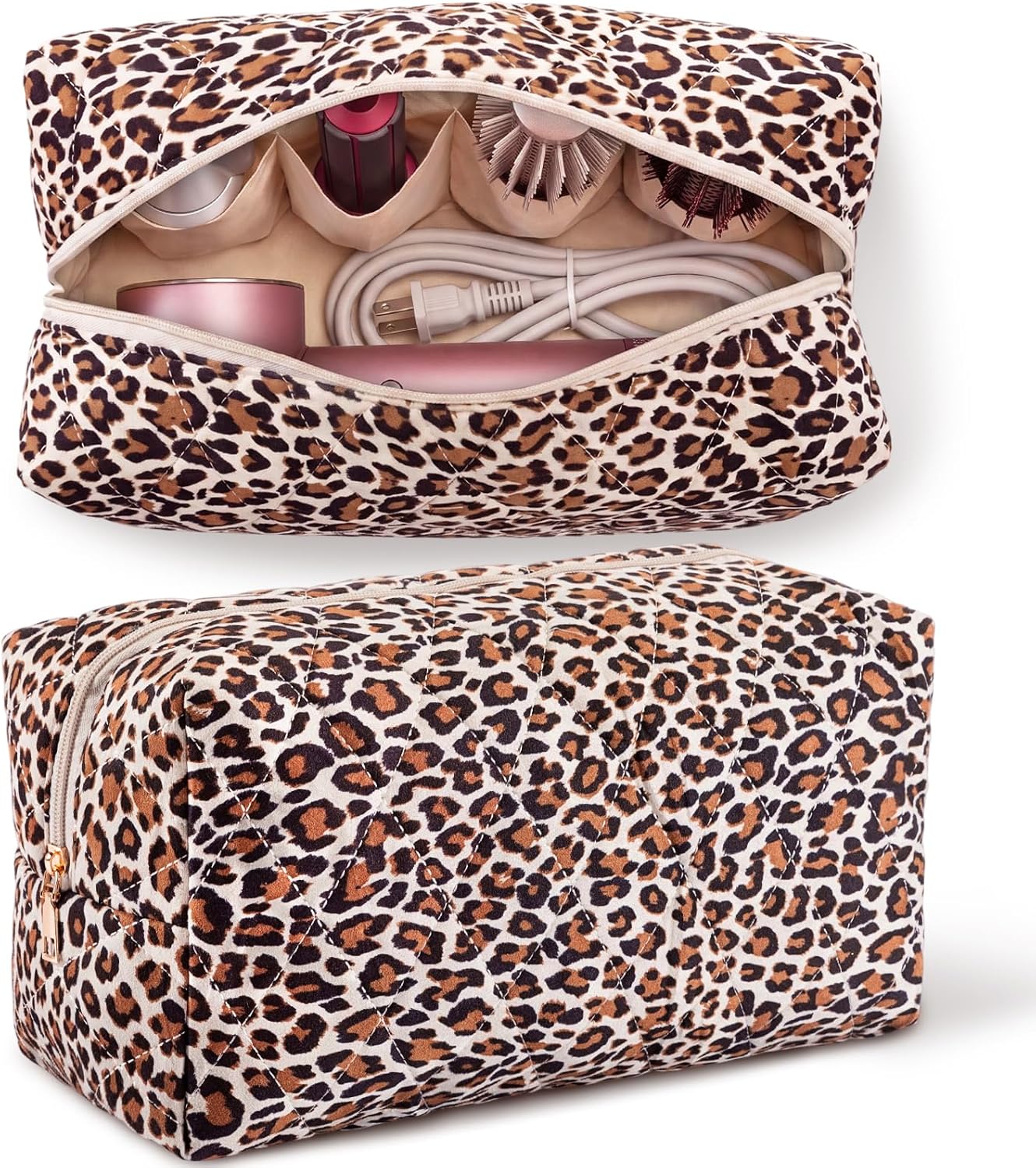 Paterr Large Hair Tools Travel Bag Portable Hair Dryer Case Cute Aesthetic Suede Travel Organizer Storage Case for Dryer Flat Curling Iron Styling Accessories, Fits Most Styling Tools(Leopard Print)