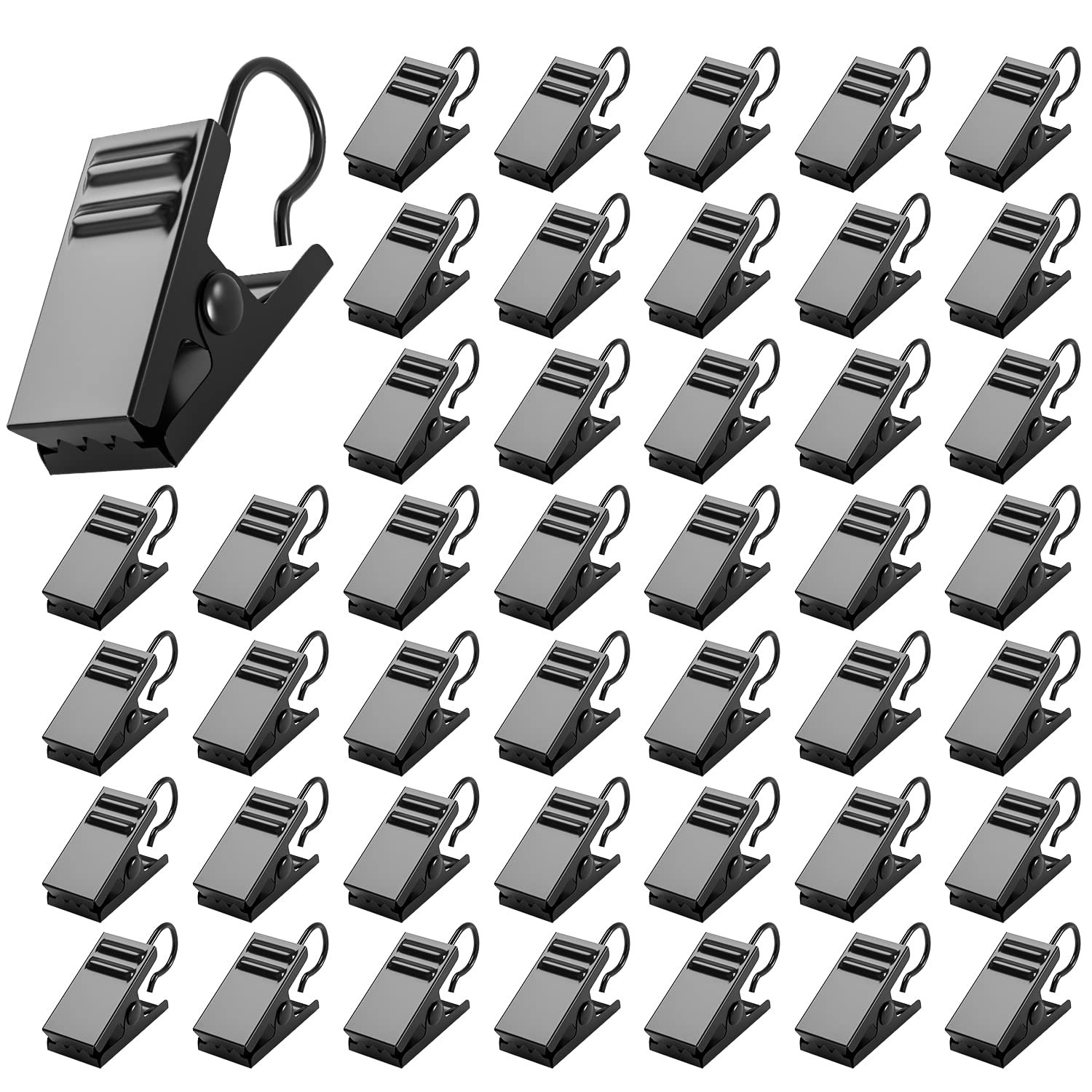 AJulyBee 50 PCS Curtain Hooks Heavy Duty Clips with Hooks, Stainless Steel Shower Curtain Clips with Hook for Vendor Display Supplies, Home Decoration, Photos, Art Craft Display (Black)