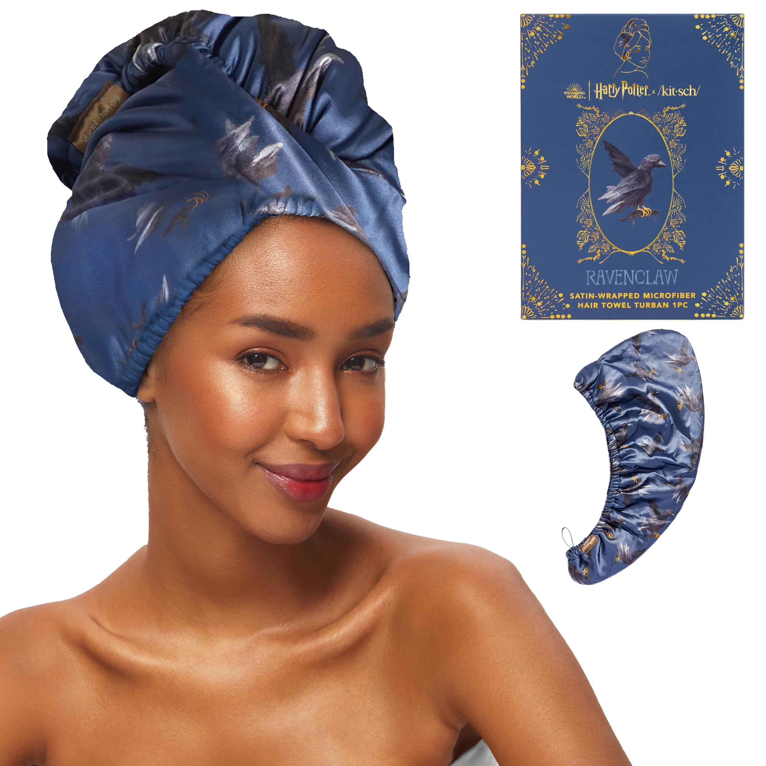 Kitsch x Harry Potter Satin Wrapped Microfiber Hair Towel Wrap for Women - Anti-Frizz Quick Dry Hair Towels, Super Absorbent Microfiber Towel for Hair, Hair Drying, Hair Turban Towel - Ravenclaw