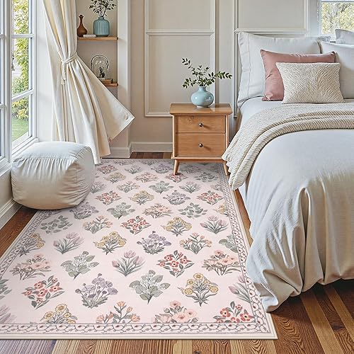 Wonnitar Alfombras rosas para dormitorio, niñas, guardería, alfombra floral lavable de 5 x 7 pulgadas, ultrafina, antideslizante, suave, marroquí,
