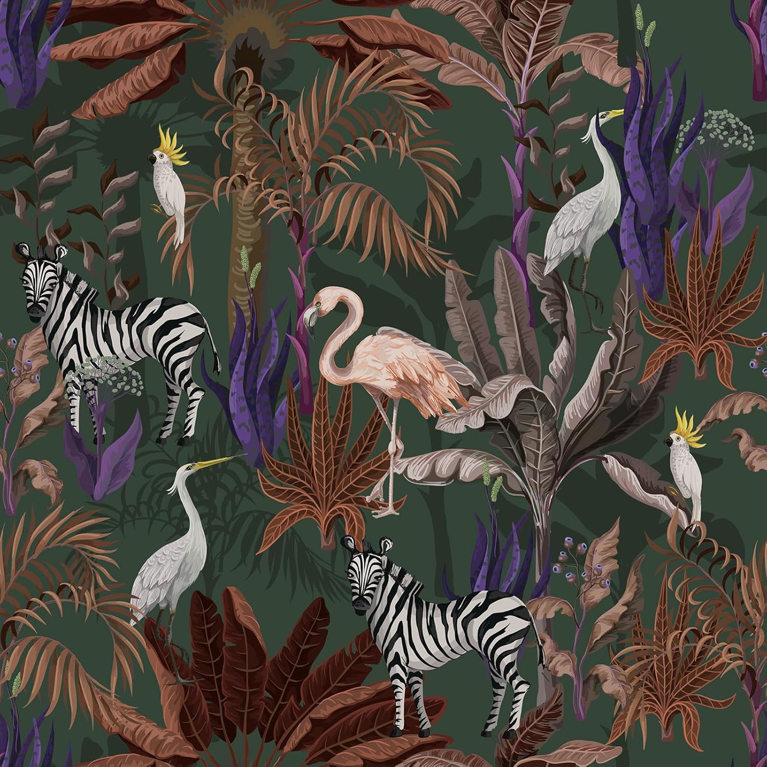 CRE8TIVE 24"x118" Vintage Jungle Animal Peel and Stick Wallpaper Tropical Forest Leaf Wallpaper Zebra Bird Plant Removable Wallpaper Self Adhesive Vinyl Contact Paper for Bathroom Walls Shelves Tables 24"x118" Green, Brown, Purple, White
