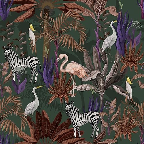 CRE8TIVE Papel tapiz vintage de 24 x 118 pulgadas, diseño de animales de la selva tropical, hojas de bosque, cebra, pájaro, plantas, papel adhesivo
