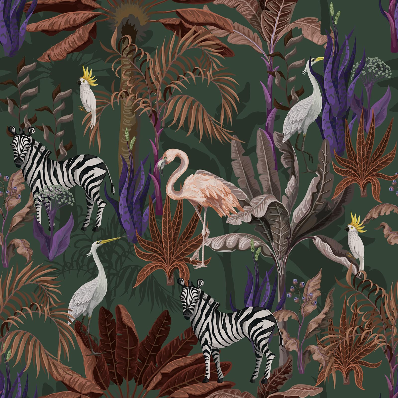 CRE8TIVE 24"x118" Vintage Jungle Animal Peel and Stick Wallpaper Tropical Forest Leaf Wallpaper Zebra Bird Plant Removable Wallpaper Self Adhesive Vinyl Contact Paper for Bathroom Walls Shelves Tables