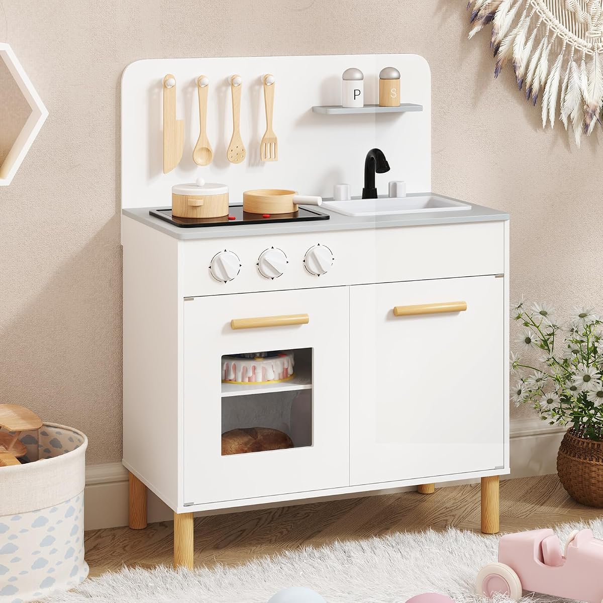 Costzon Kids Kitchen Playset, Wooden Pretend Play Kitchen with Lights and Sounds, Stoves, Sink & Faucet, Oven, Cooking Accessories, Toy Kitchen Set for Toddlers, Gift for Boys Girls Ages 3+ (White)