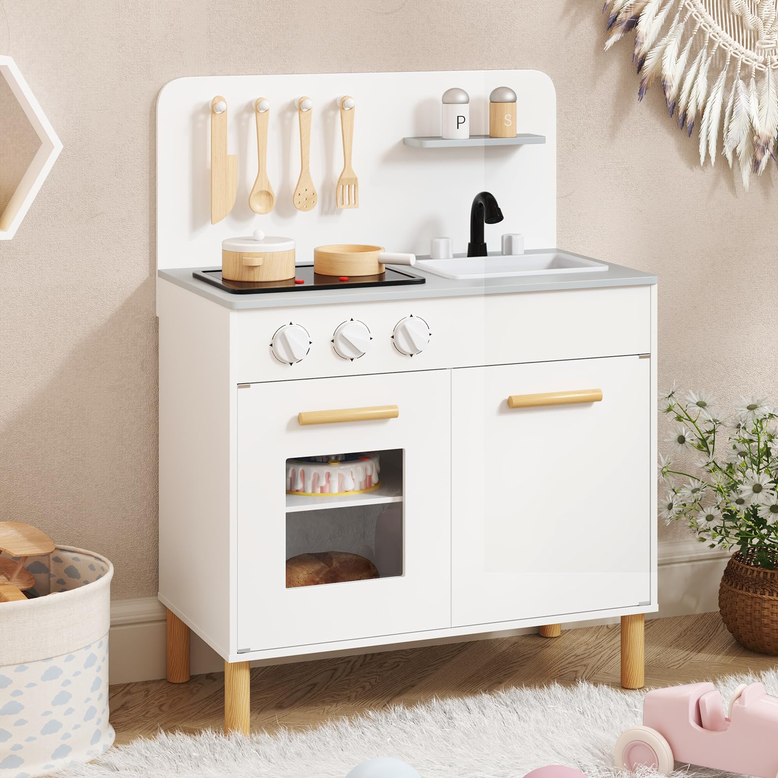 HOMASIS Kinderküche mit Licht & Sound, Spielküche aus Holz mit 10 Spielzubehör, Spielzeugküche mit Spüle Herd Backofen, Holzküche Miniküche Küchenspielset für Kinder ab 2 Jahre (Weiß)