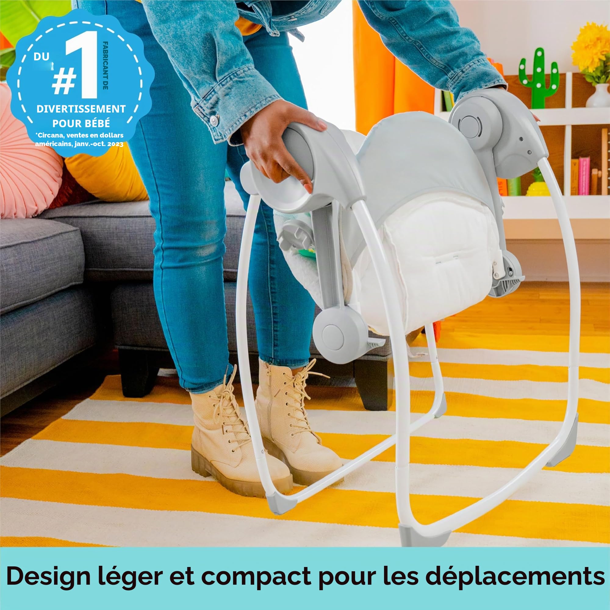 Bright Starts, Balancelle Compacte, Whimsical Wild, 6 vitesses de balancement, arche de jeu amovible avec 2 jouets interactifs, multicolore, dès la naissance à 9 kg