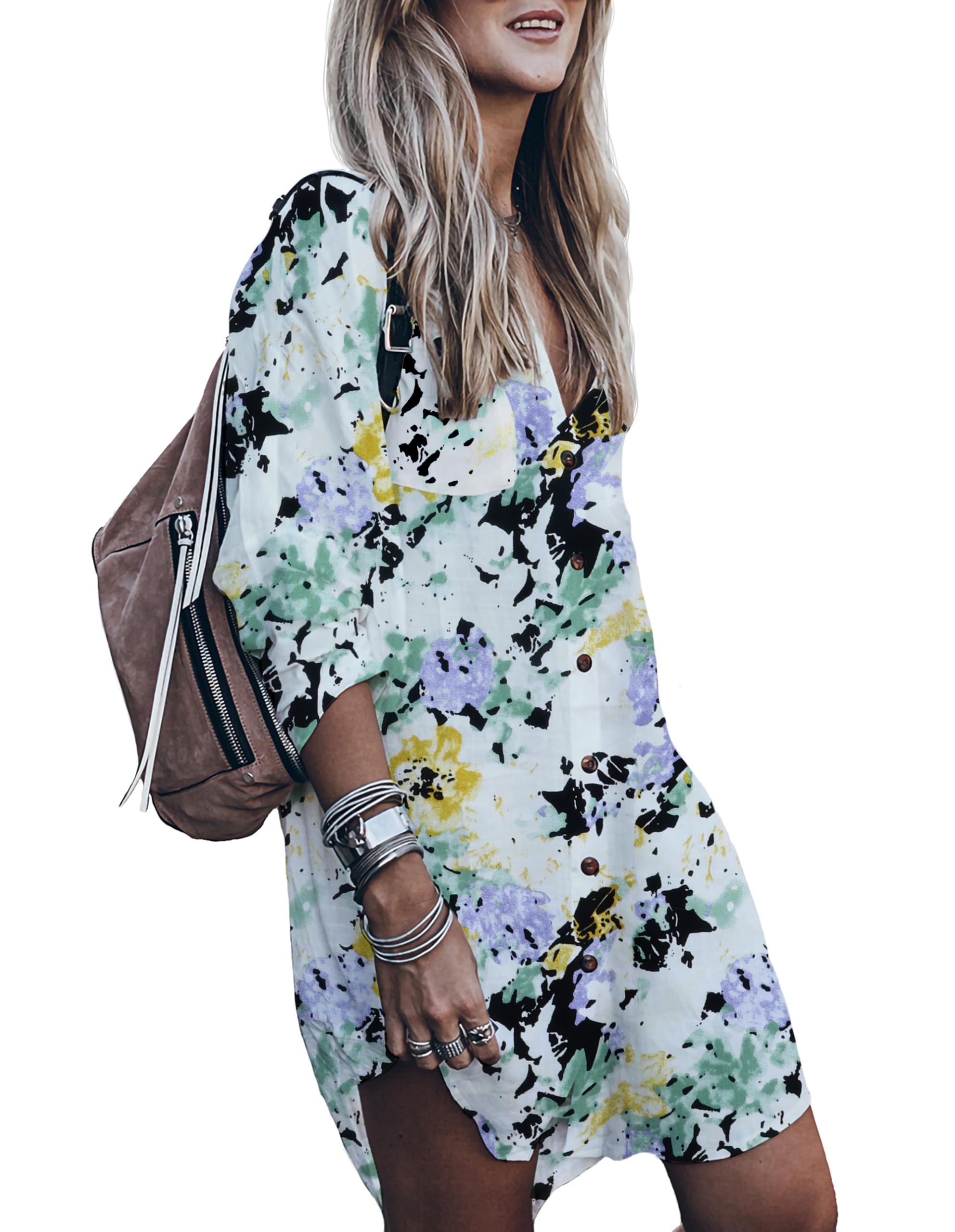 Women’s Swimsuit Cover up,Silky Button Down Shirt Midi Dress Kimono,Summer Bathing Suit Beach Coverups for Women (CP-Aline)