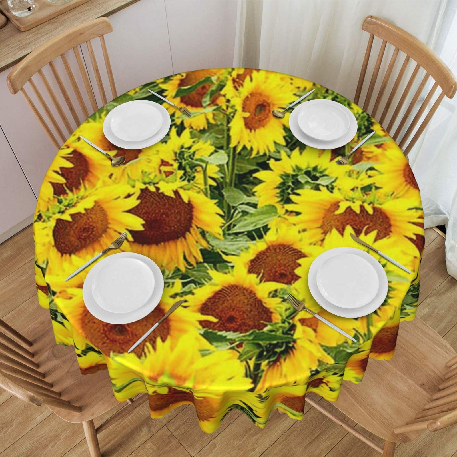 DCEHGEW 60 In Round Tablecloth with Lace, Many Sunflowers Printed Oilproof & Washable Fabric Picnic Table Cloth Table Covers