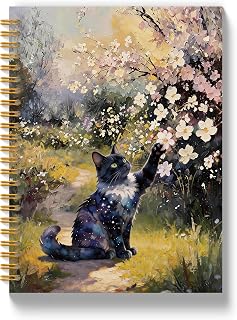 Black Cat Gifts Journals for Women Men 5.5x8.3in | Black Cat Gifts for Women Lovers, Rustic Farmhouse Cherry Blossom Landscape Animal Notebooks for Work Note Taking