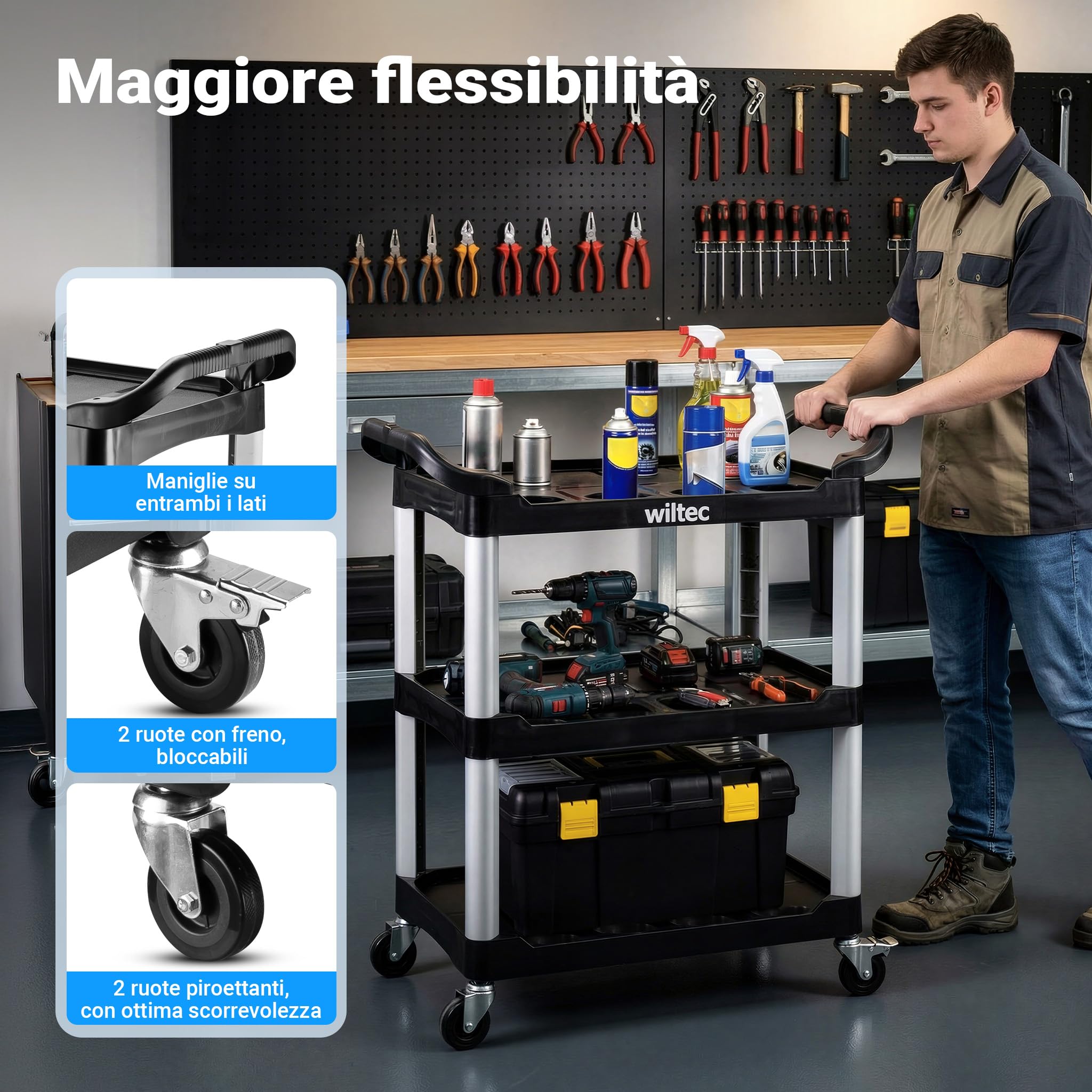 Wiltec Carrello a 3 ripiani tipo 01 con portata di 136 kg, carrello officina 74,5 × 42,5 × 67,5 cm in plastica