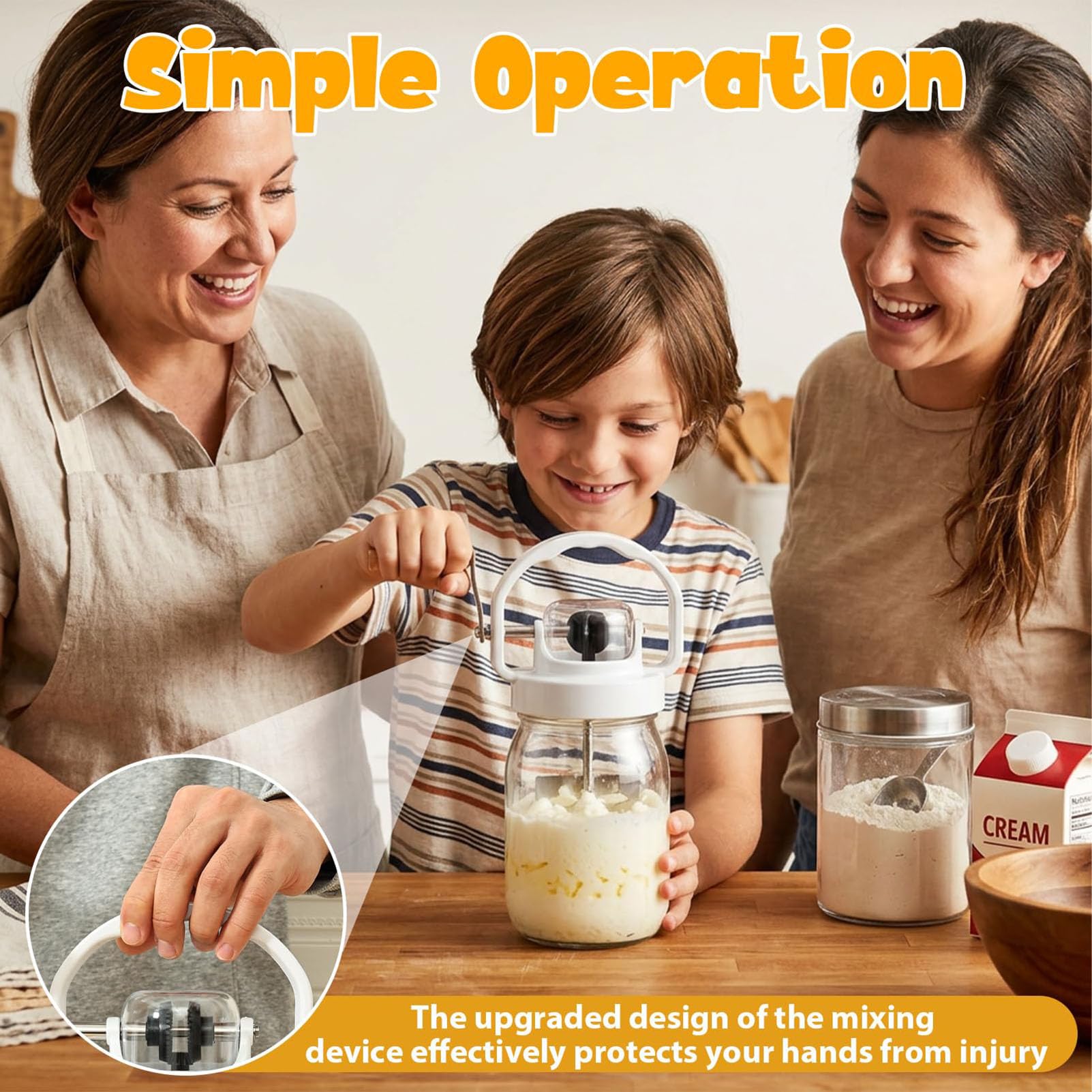 Batidora manual de mantequilla clásica de 1,5 l con mango de madera y tarro de vidrio, herramienta de manivela para cocina y hornear