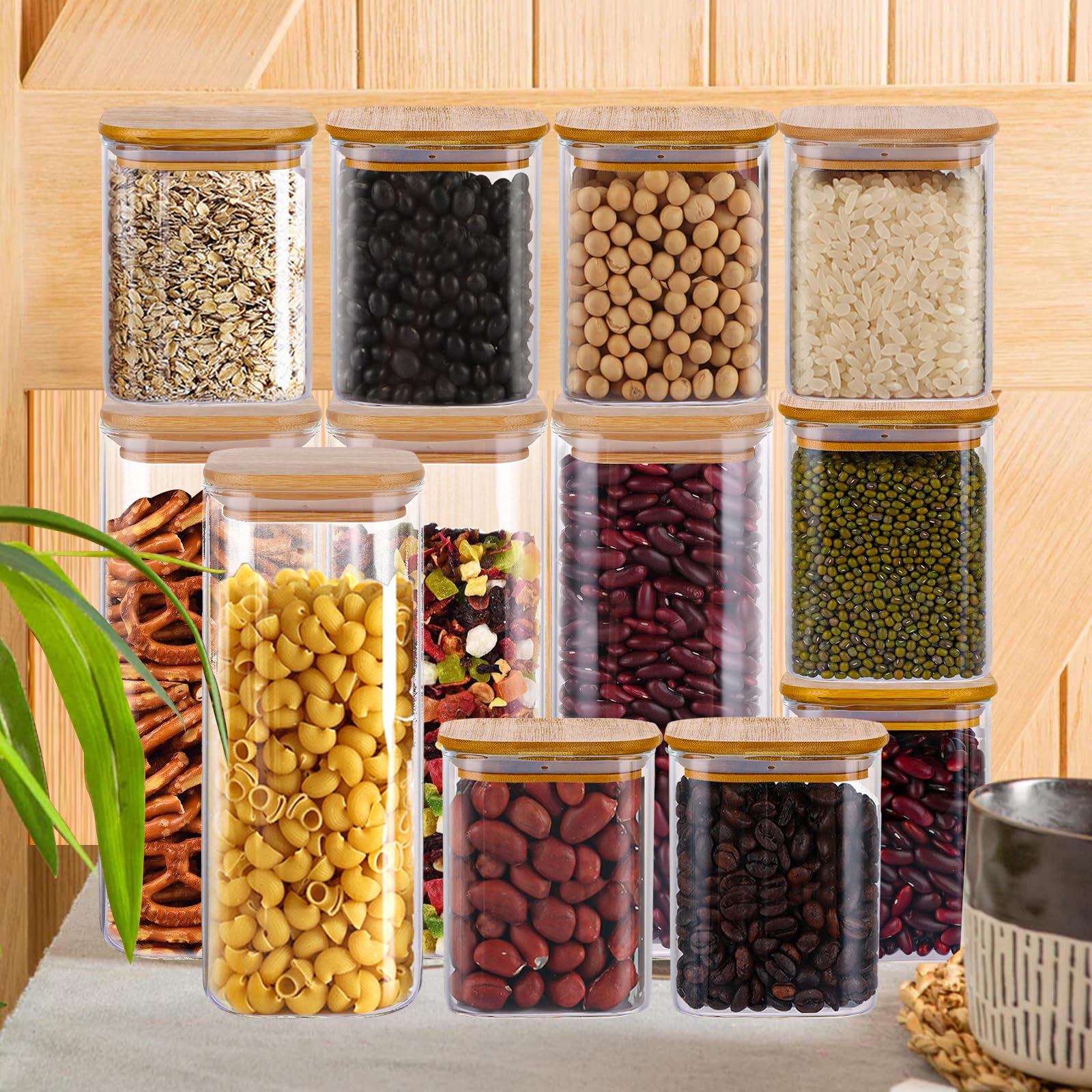Confezione da 12 barattoli in vetro con coperchi in bambù, contenitori da cucina con coperchio, ermetici, per spezie, caffè, tè, zucchero, organizzazione della cucina, 600 ml, 1200 ml