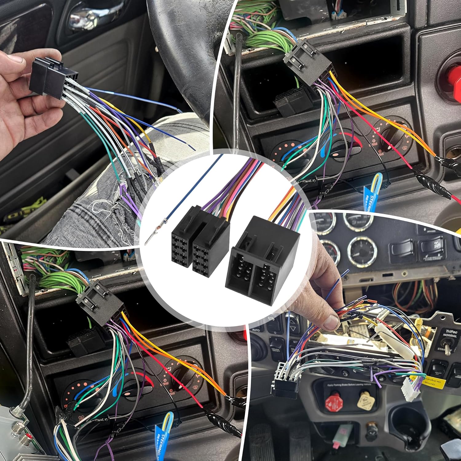 Collage of images showing various stages of installing the RED WOLF wiring harness in a vehicle dashboard.