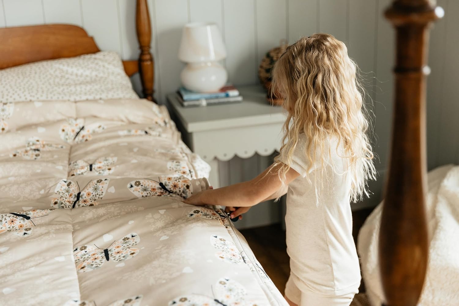 Beddy's Butterfly Themed Durable Zipper Bedding for Kids, Bed in a Bag, Beige Sheets & Comforter with Butterflies, Hearts & Floral Design, Includes Pillowcase & Pillow Sham, Easy to Make & Wash