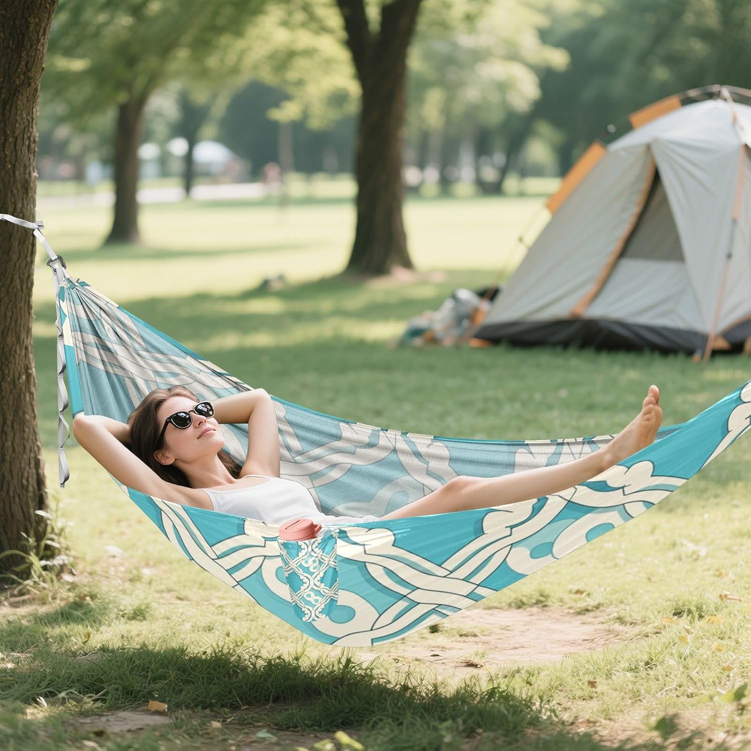 Flat Geometric Pattern Scroll Pattern Lake Blue 330lb Capacity Hammocks for Camping with Tree Straps Rope Hammock for Patio Backyard Lounge Base Base para hamacas