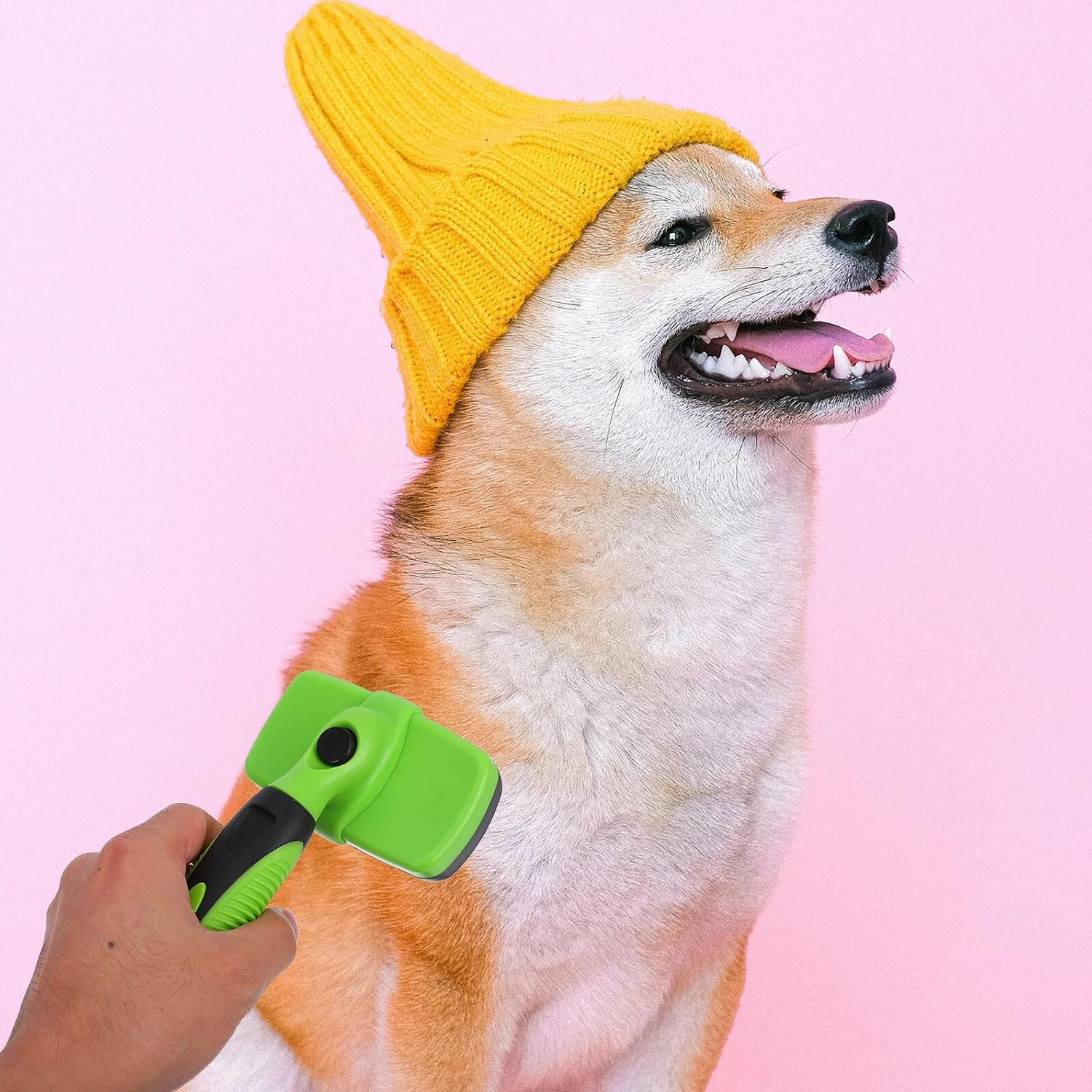 Self-cleaning Dog Shedding Brush and Cat Grooming Comb, Small Green Pet Hair Remover Tool for Shedding and Detangling, Skin-friendly Brush for Dogs and Cats