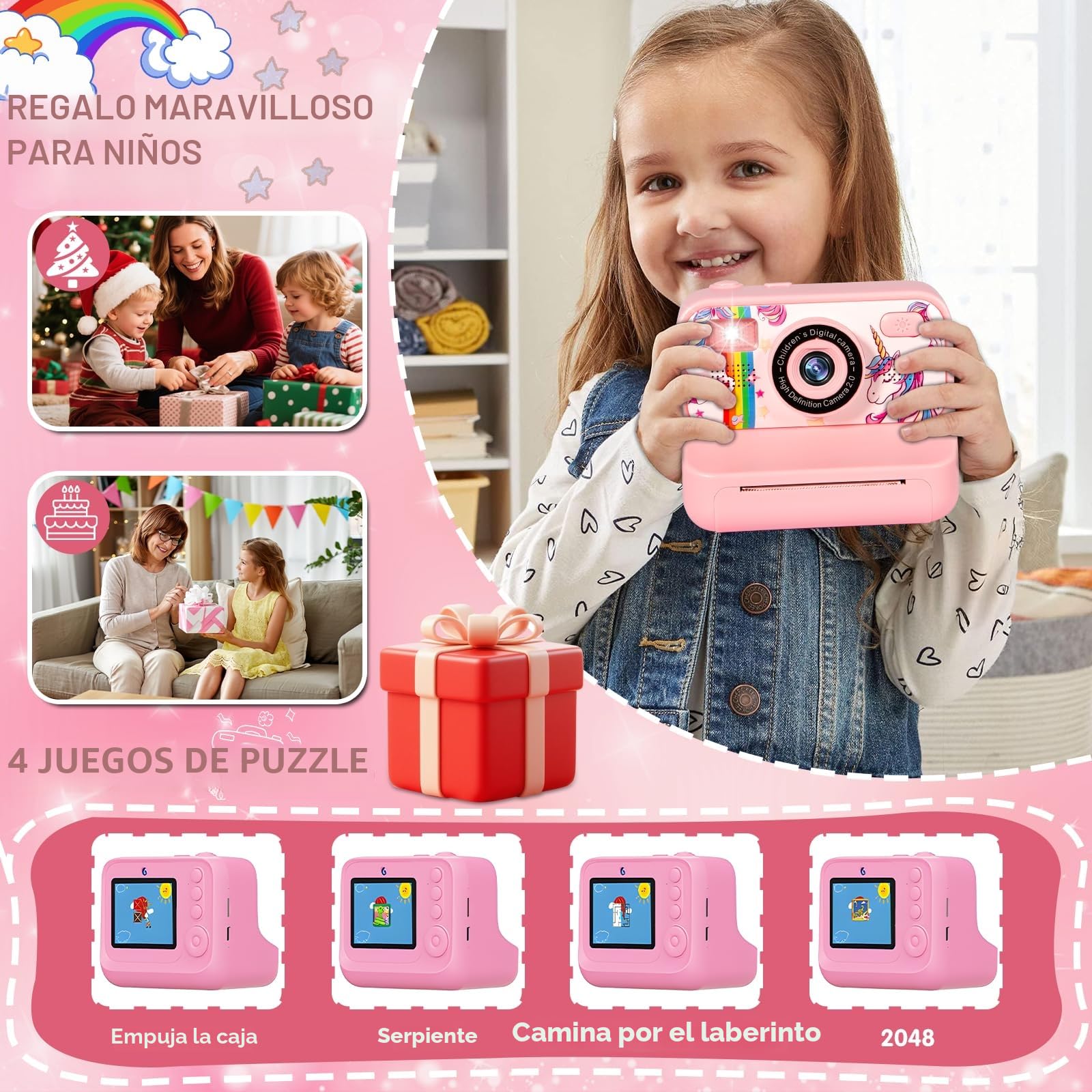 Camara Fotos Infantil Instantanea, 1080P 2,4" HD Camara Fotos Infantil con 32GB Tarjeta, Papel de Impresión y Bolígrafos de Colores, Juguete de Cumpleaños, Regalo para Niños de 3 a 12 Años