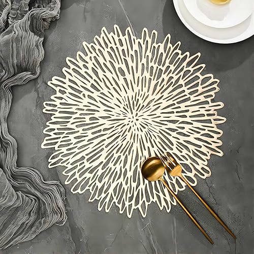 Miniatura 2 de Juego de 6 manteles individuales dorados en forma de coral de 15 pulgadas huecos para cocina, comedor, para Acción de Gracias, Navidad, Halloween,