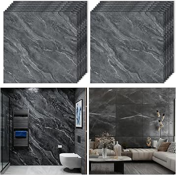Woobroo 40 Pcs Self-Adhesive Wall Tiles - 30×30cm Waterproof Peel-and-Stick Gray Marble Wall Decals for Bathroom Kitchen Living Room