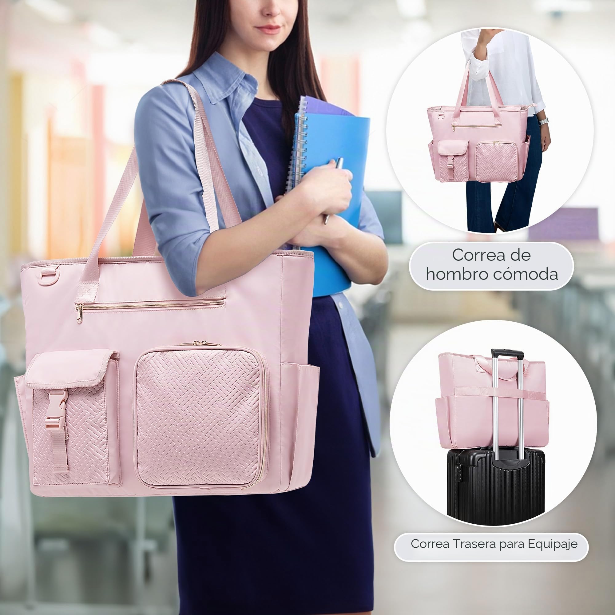 Fasrom Bolsa para Profesora con Compartimento para Portátil 15,6" | Gran capacidad para documentos A3, múltiples bolsillos, banda para maleta, ideal para trabajo, escuela y viajes
