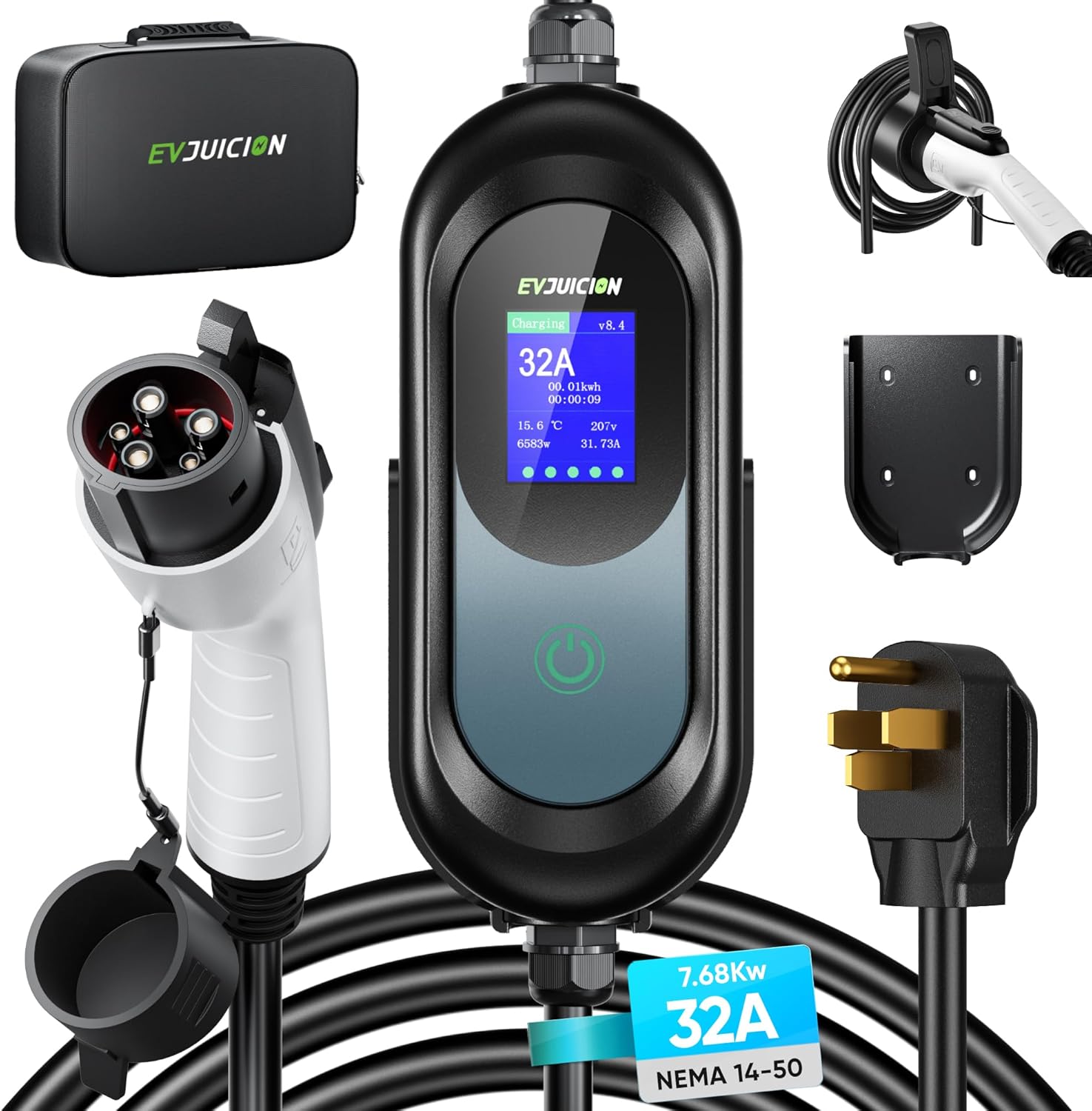 Level 2 EV Charger 32Amp 7.6kW 240V EV Charger Level 2 with Smart LED Screen, 10/16/20/24/32A, 12 Hours Delay Timer, 21FT Electric Car Charger with Bag/Wall Mount/Cable Holder, NEMA 14-50P J1772 Evs 32A 240V