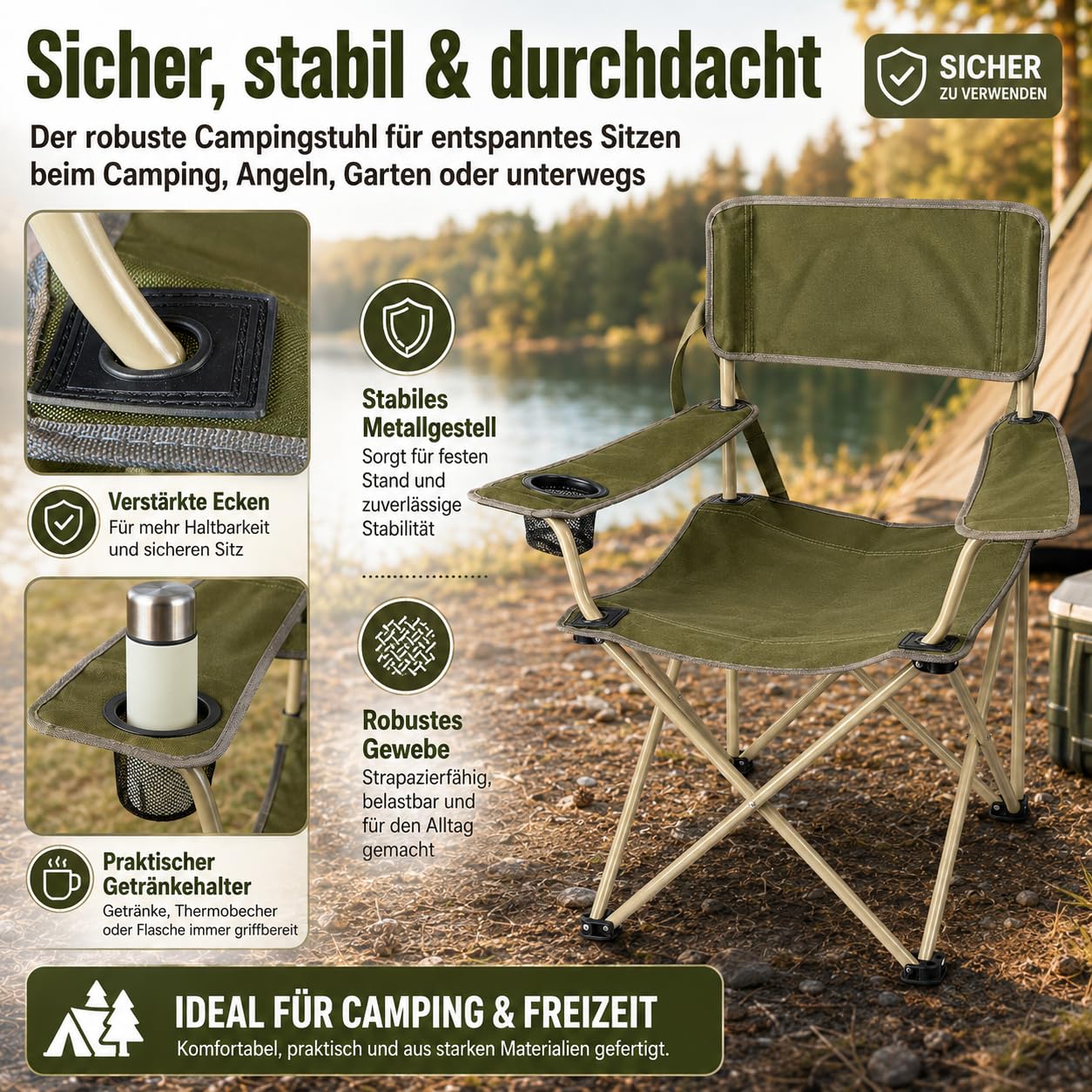 ROYAL SWISS 6 Stück Campingstuhl klappbar mit Getränkehalter & Tragetasche – Leichter Faltstuhl für Erwachsene, Camping, Angeln, Festival, Picknick, Strand und Sportevents