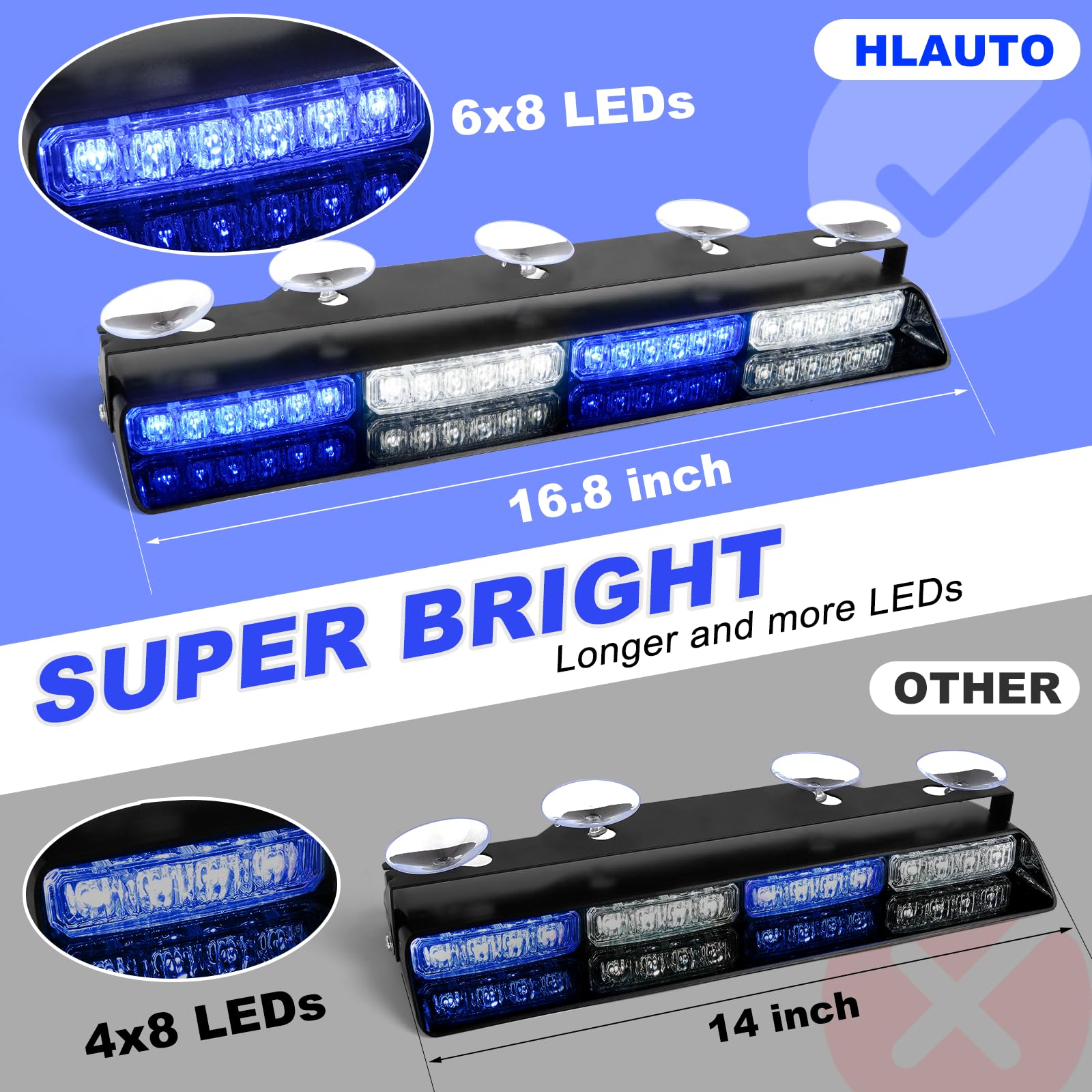 HLAUTO 6Z4J - Luces estroboscópicas de emergencia para salpicadero, luces de seguridad azules y blancas, 48 luces LED de advertencia para parabrisas de coche
