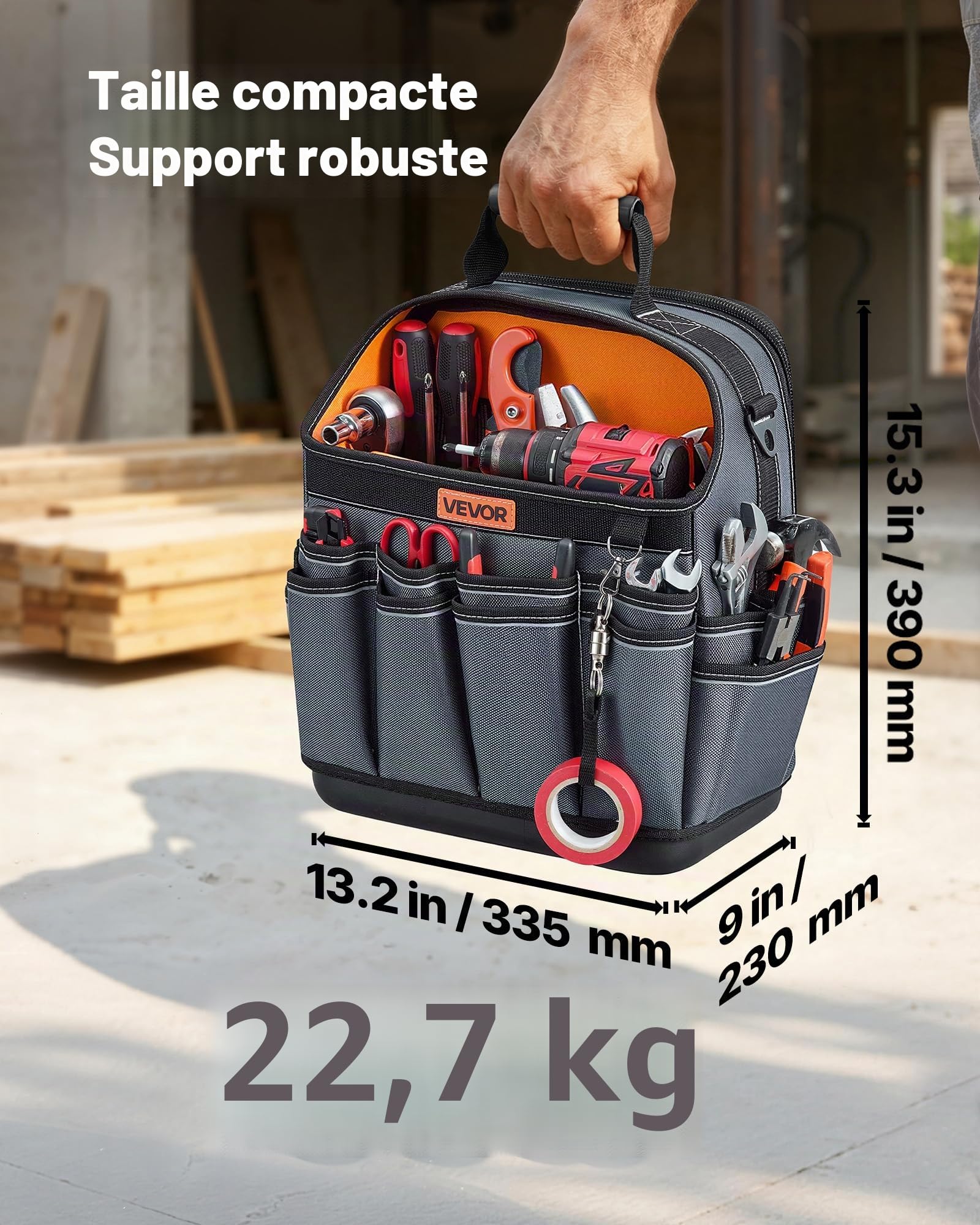 VEVOR Sac à Outils Ouvert 335 mm, Sac de Rangement d'Outils à 39 Poches, pour Électricien, Bricolage, Maintenance et Chantier, Organiseur Portable avec Base Rigide en Plastique, Bandoulière Réglable