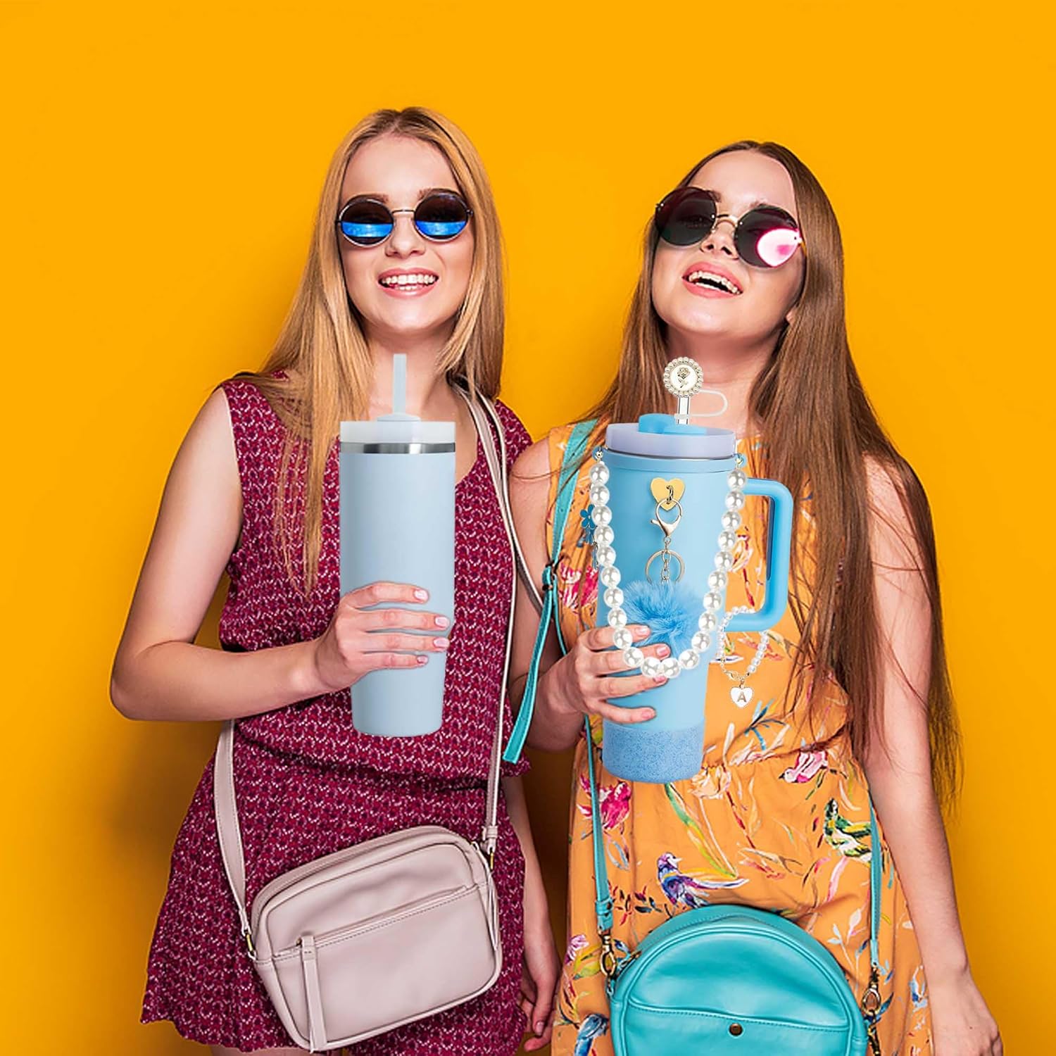 Stanley Cup Accessories Set, Shinning Cup Boot, White Pearl Water Bottle Handle Strap & Pearl Straw Cover, Keychain Charms Tumbler Decorations for Stanley Accessories 30oz 40oz (Blue) - Image 4