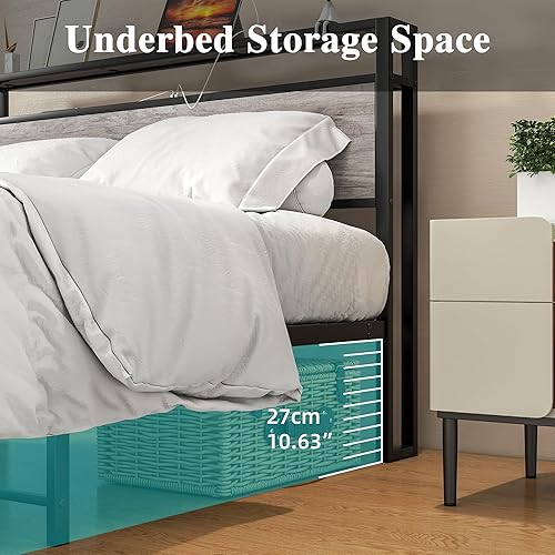 Miniatura 52 de Base de cama de tamaño matrimonial con cabecera de almacenamiento/estación de carga USB, marco de cama de plataforma de metal, tamaño matrimonial,
