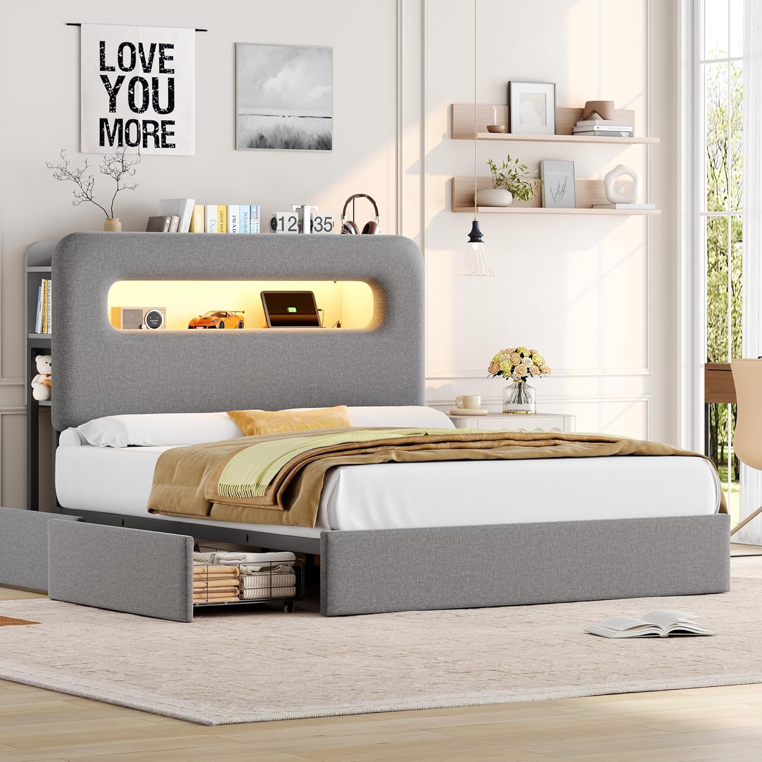 HOSTACK Full LED Bed Frame with Storage Headboard and Charging Station, Boys Bed Frame with 2 Drawers and USB Ports, Velvet Upholstered Platform Bed Frame with Bookcase, No Box Spring Needed, Grey