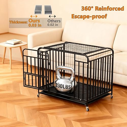 Miniatura 3 de Jaula indestructible para perros de 48 pulgadas a prueba de escapes con ruedas, jaula de acero de alta ansiedad para interiores con bandeja