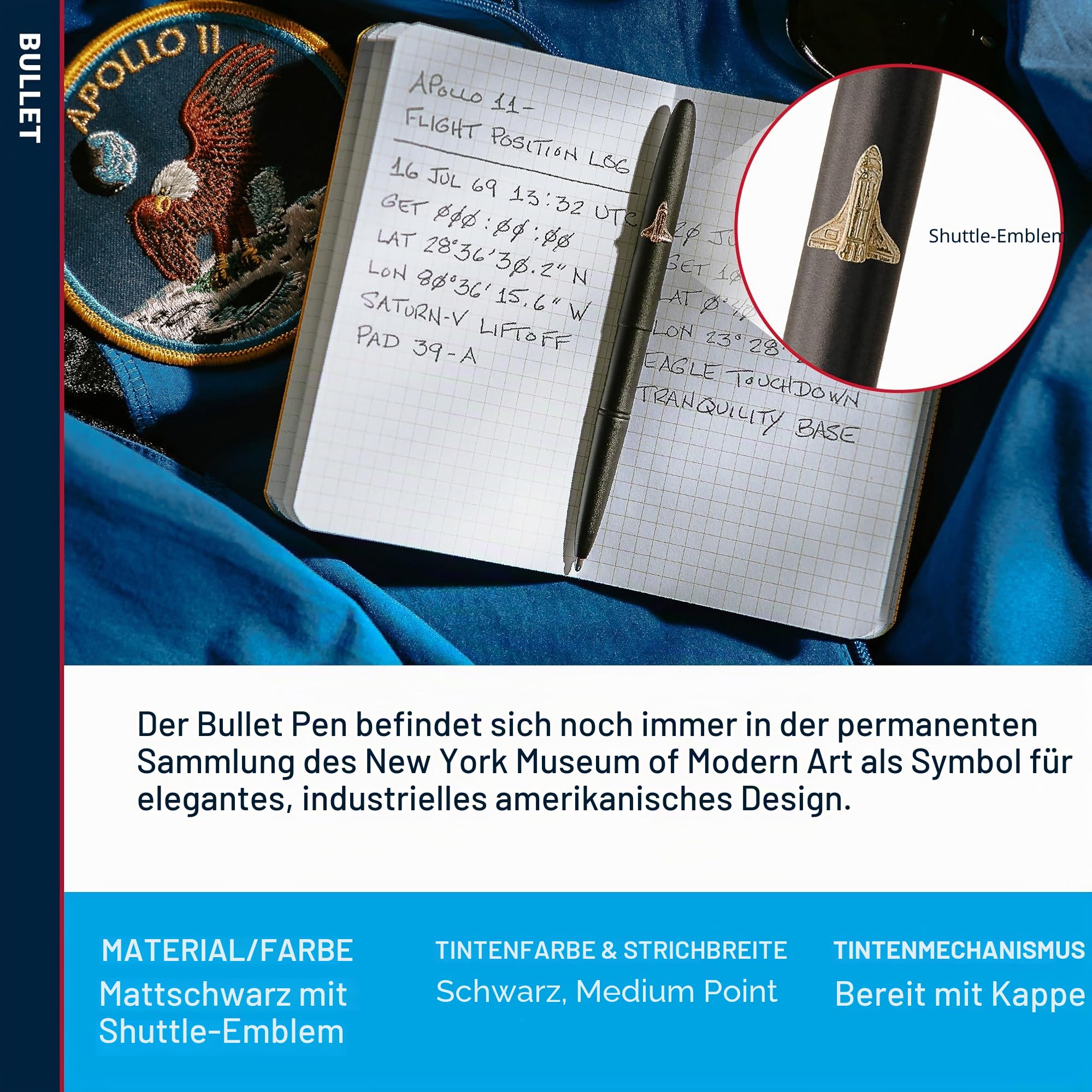 Fisher Space Pen Bullet 600BSH Kugelschreiber (schreibt im Weltall, unter Wasser und bei extremen Temperaturen) mit Shuttle Emblem, matt schwarz