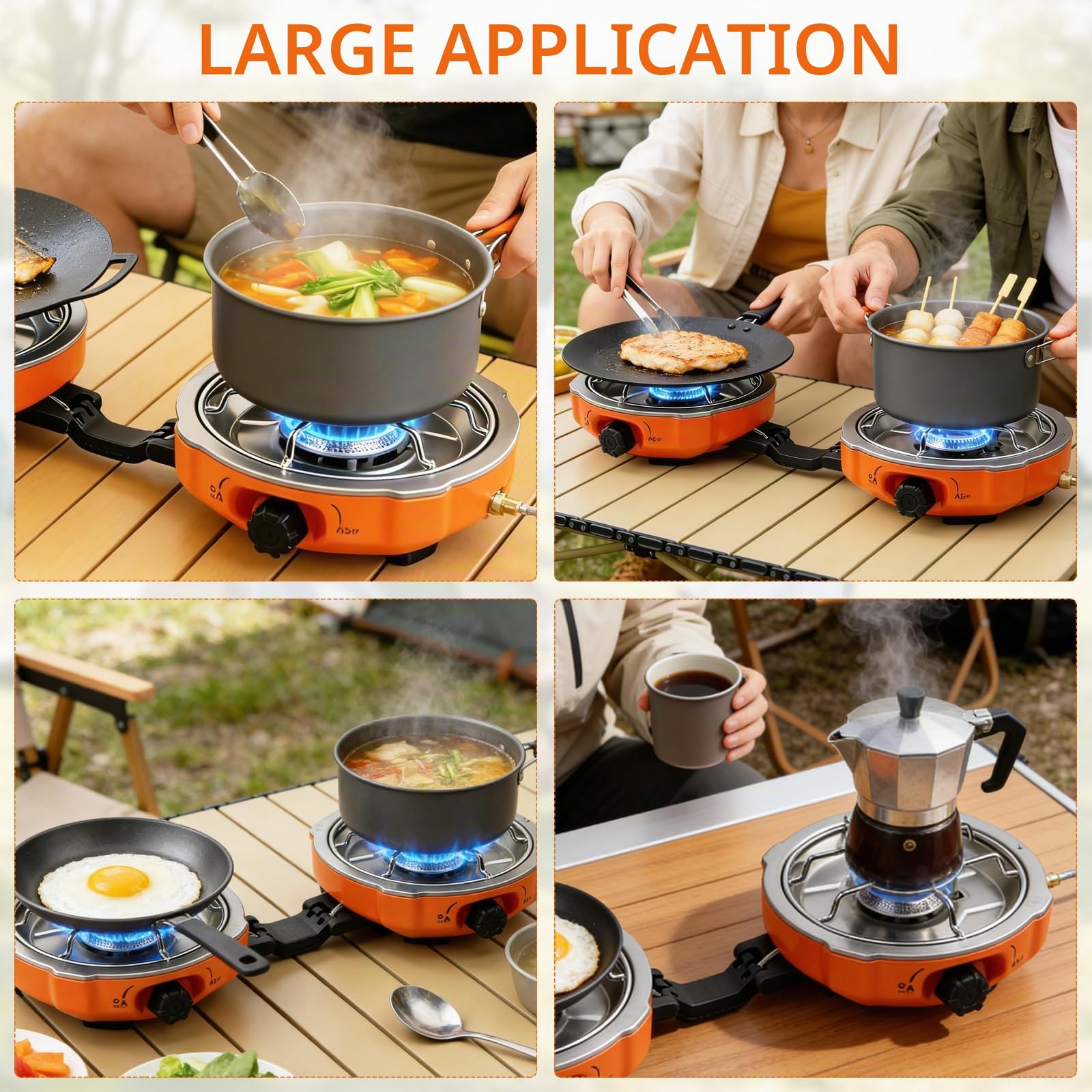 Réchaud de Camping à 2 Brûleurs, Réchaud à Gaz à 2 Feux Pliable avec Allumage Piézoélectrique, pour Barbecue en Plein Air, Randonnée et Urgences, Sac de Transport et Pare-vent Inclus