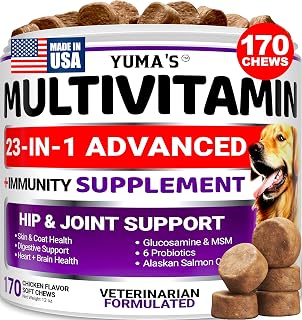 YUMAS 23-in-1 Dog Multivitamin Chewables with Glucosamine, Probiotics & Omegas - Hip Joint Support, Digestion, Skin Coat for Puppies Seniors 170 Treats