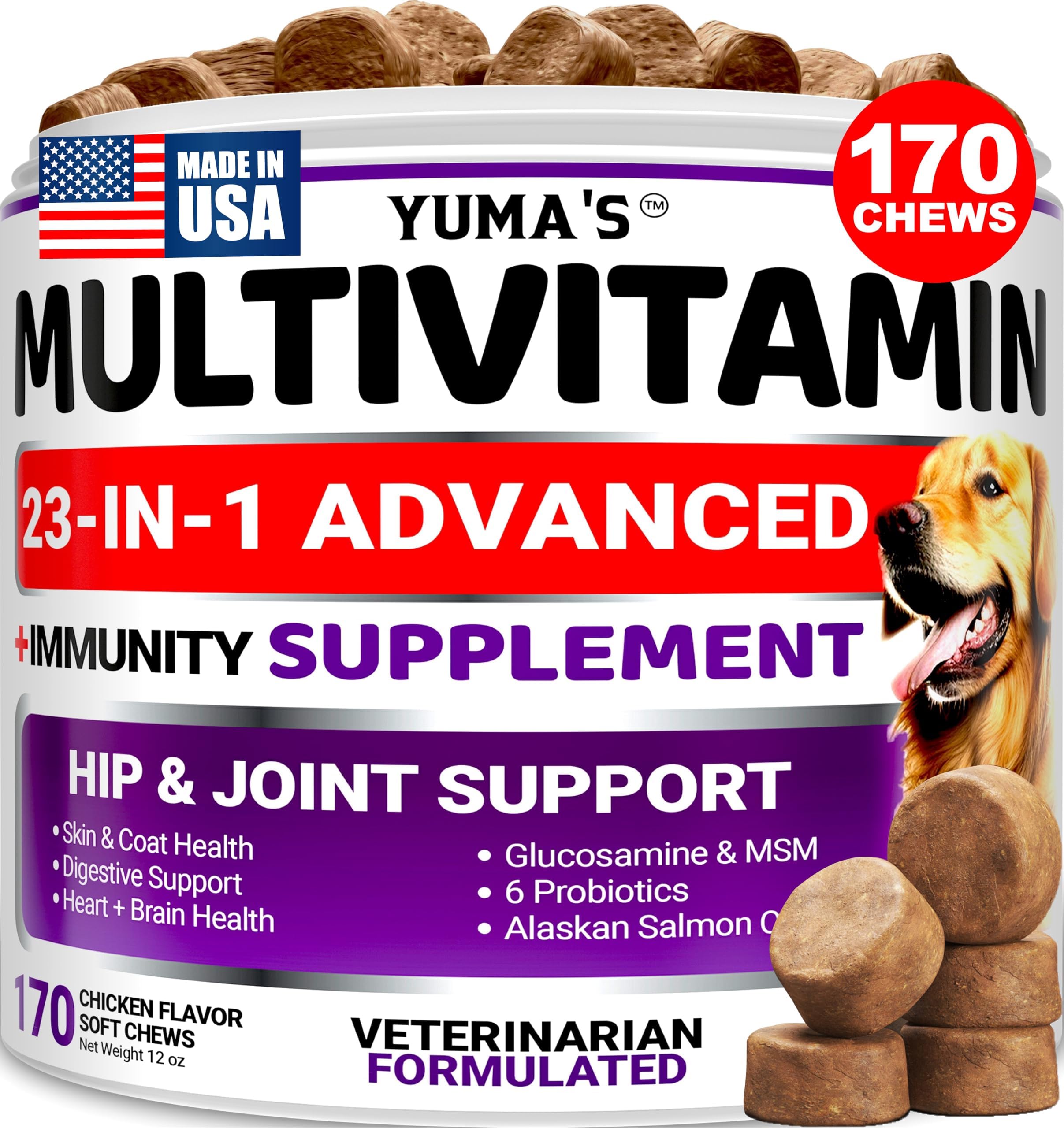 Dog Multivitamin Chewable with Glucosamine - Dog Vitamins and Supplements - 170 Treats - Senior & Puppy Multivitamin for Dogs - Hip & Joint Support - Immune Health, Skin, Heart, Digestion, Probiotics