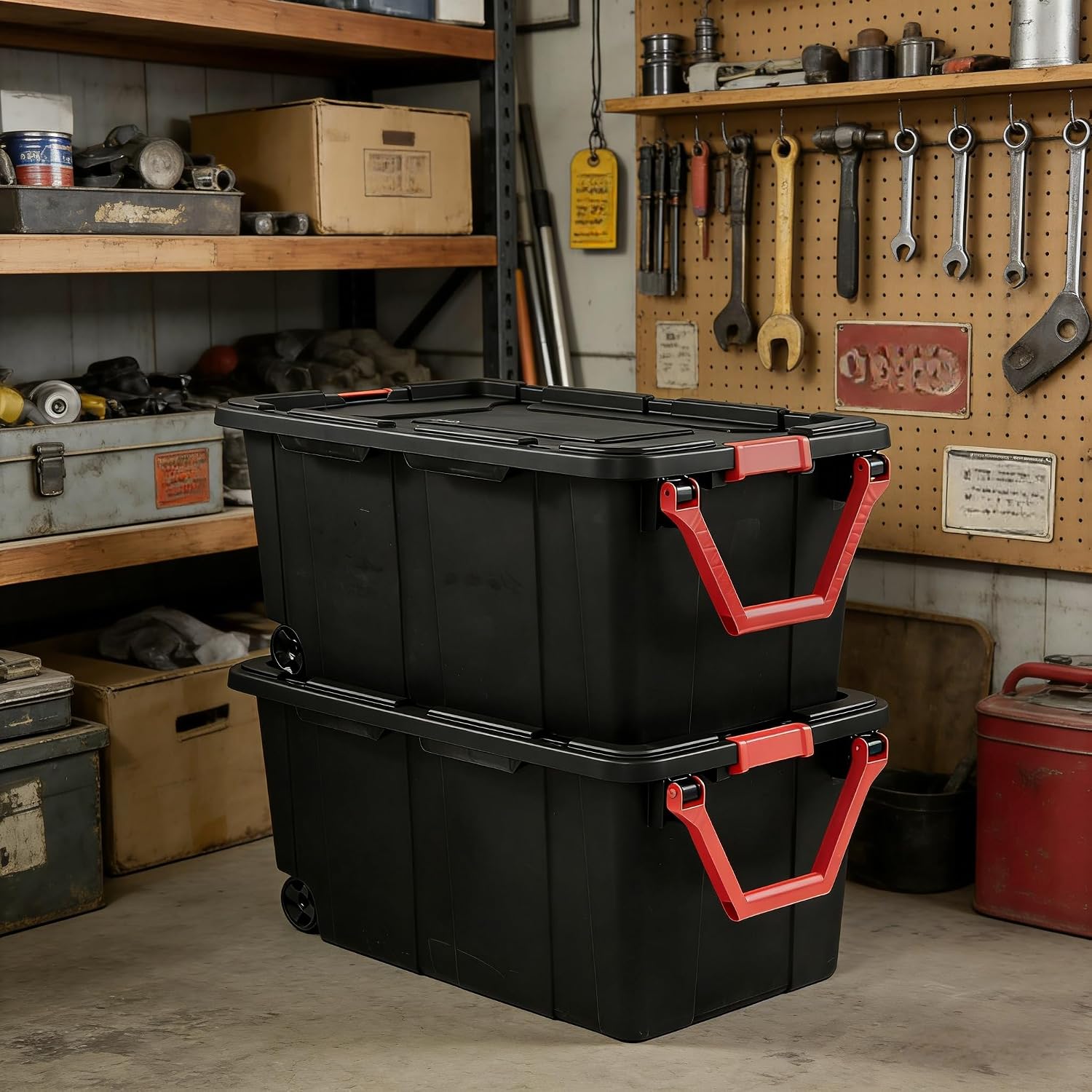 Set of 2 Black 40 Gallon Heavy-Duty Storage Bins w/Lids and Wheels, Stackable Organizing Containers for Home, with Comfort Handle for Home and Garage Organization, Closet