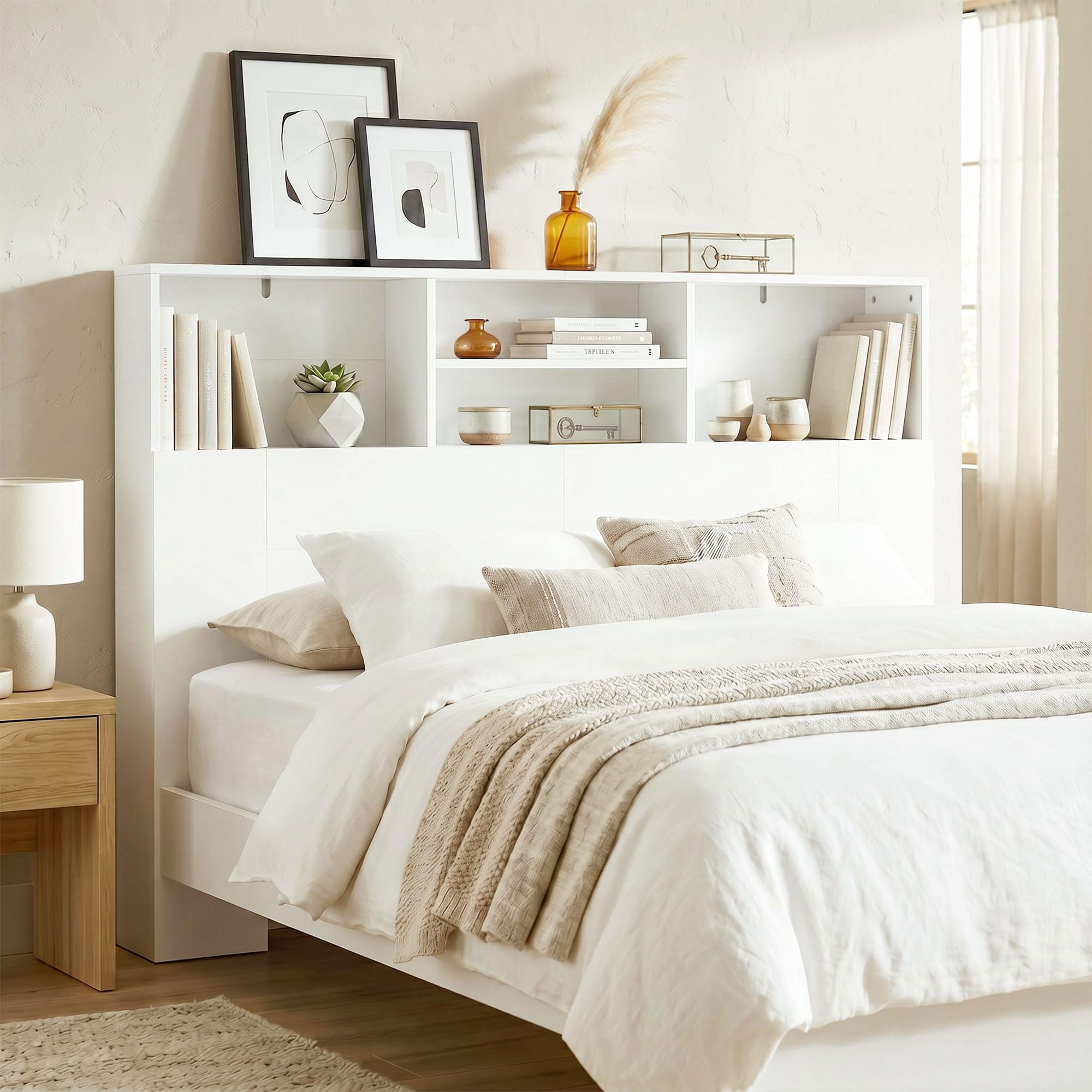 HOMCOM Cabecero de Cama 140 cm con Almacenaje, Cabezal de Cama con 4 Compartimentos Abiertos, Cabecero Moderno para Dormitorio, Blanco