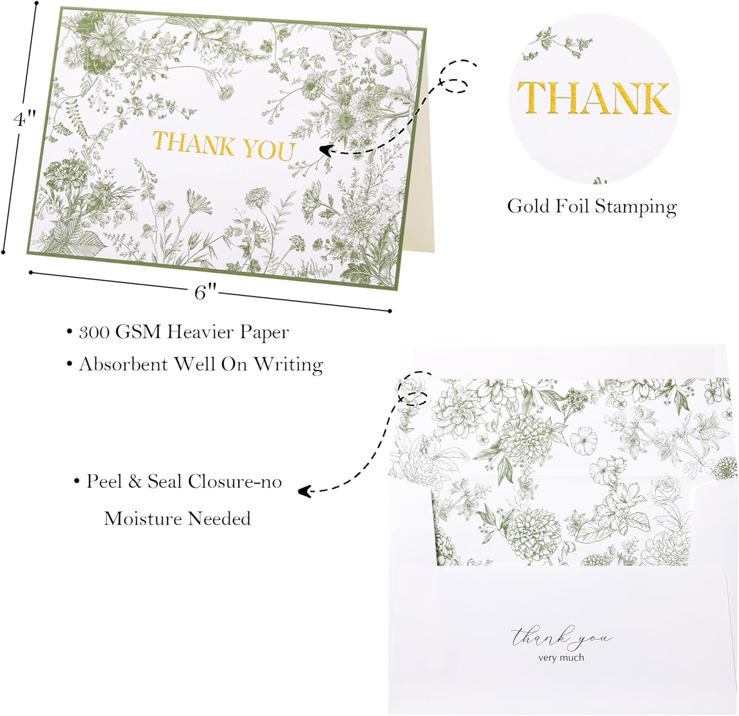 Crisky Green Floral Thank You Cards Gold Foil Greeting Notes Bulk with Envelopes (50 Pack) for Birthday, Baby Shower, Bridal Shower, Wedding, Graduation - Image 3