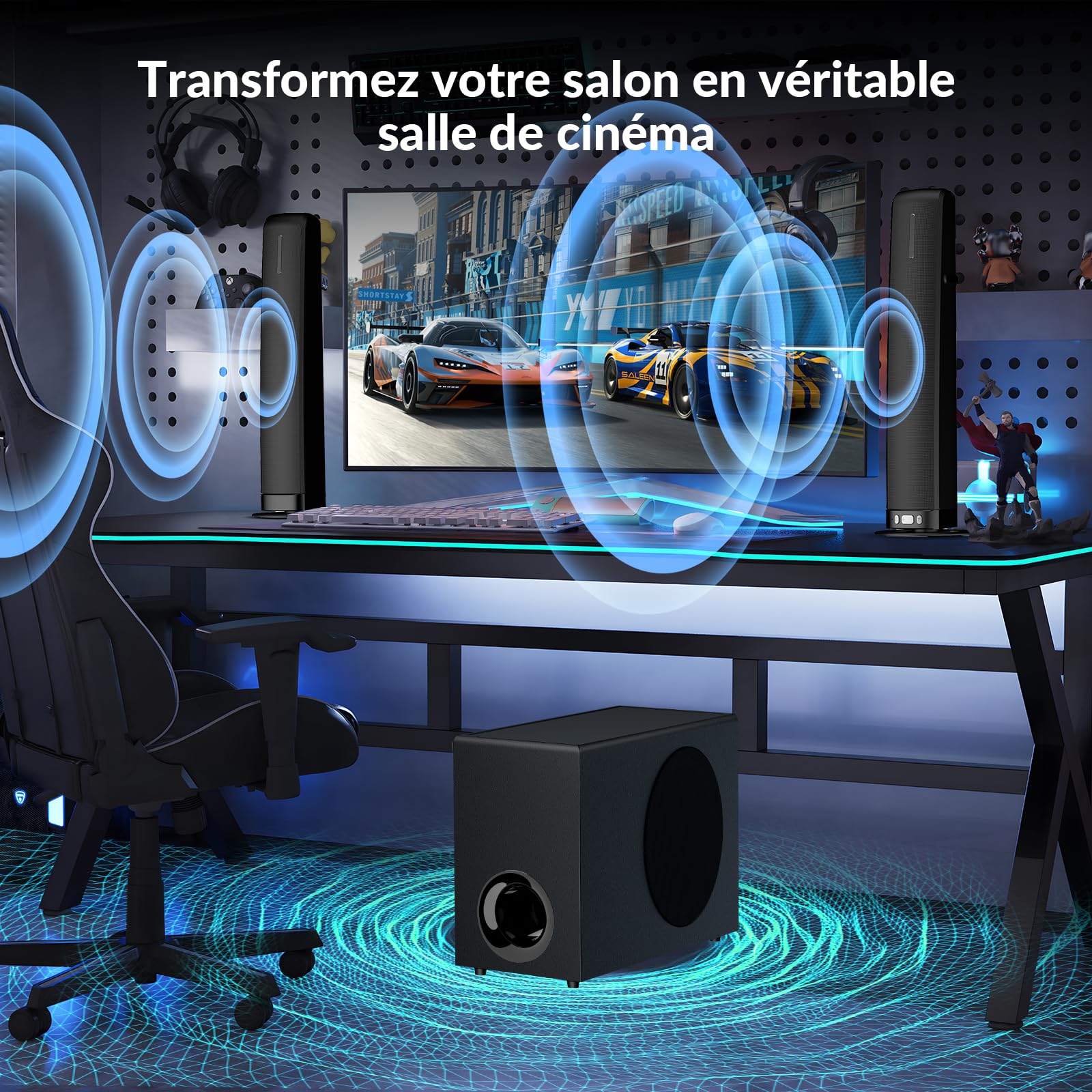 Barre de Son avec Caisson de Basses pour appareils TV, Barre de Son Amovible 2 en 1, 120 W, 3 Modes, Compatible avec Bluetooth 5.3/Arc/Opt/AUX pour TV, PC, Jeux, projecteur, 1 Pack