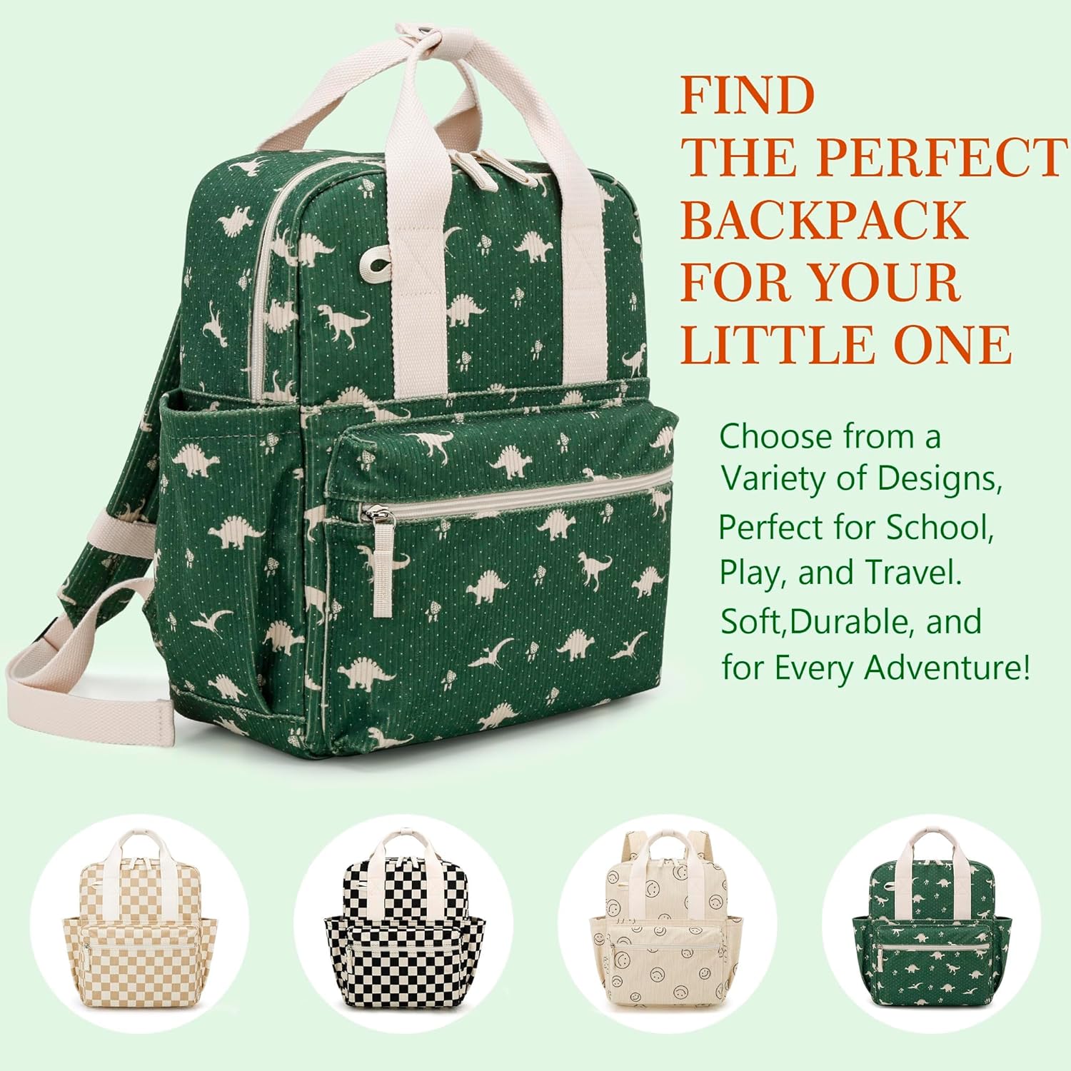 Corduroy Toddler Backpack for Boys - Kids Preschool Backpack for Girls Ages 3-8 Kindergarten Backpacks Toddler Bookbag Daycare Bag with Chest Strap and Name Label (Small,Dinosaur) - Image 6