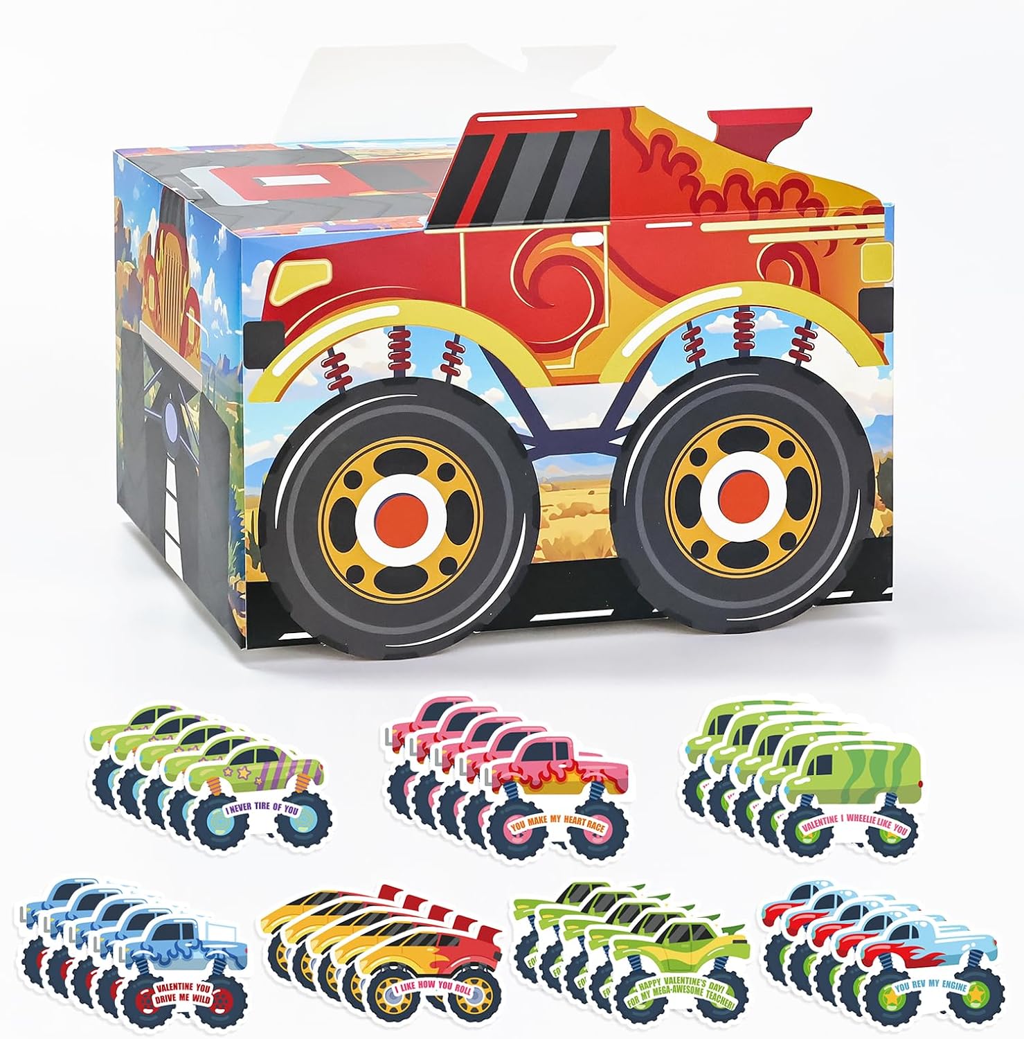 SietDESEO Valentines Card Box for Kids Truck Valentines Day Cards for Kids Classroom Exchange School Truck Shape Valentine Mailbox with 30 Valentine Cards and 5 Teacher Cards