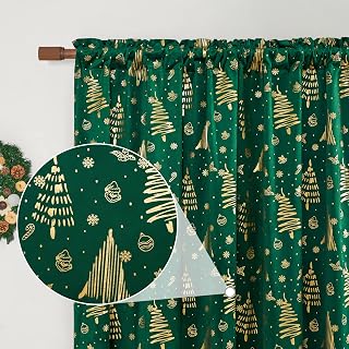Christmas Green Curtains 84 inches long for Living Room,Golden Printed with Grinch & Tree Pattern,Thermal Insulated Blackout Velvet Curtains, Noise Reducing Window Drapes Christmas Decorations