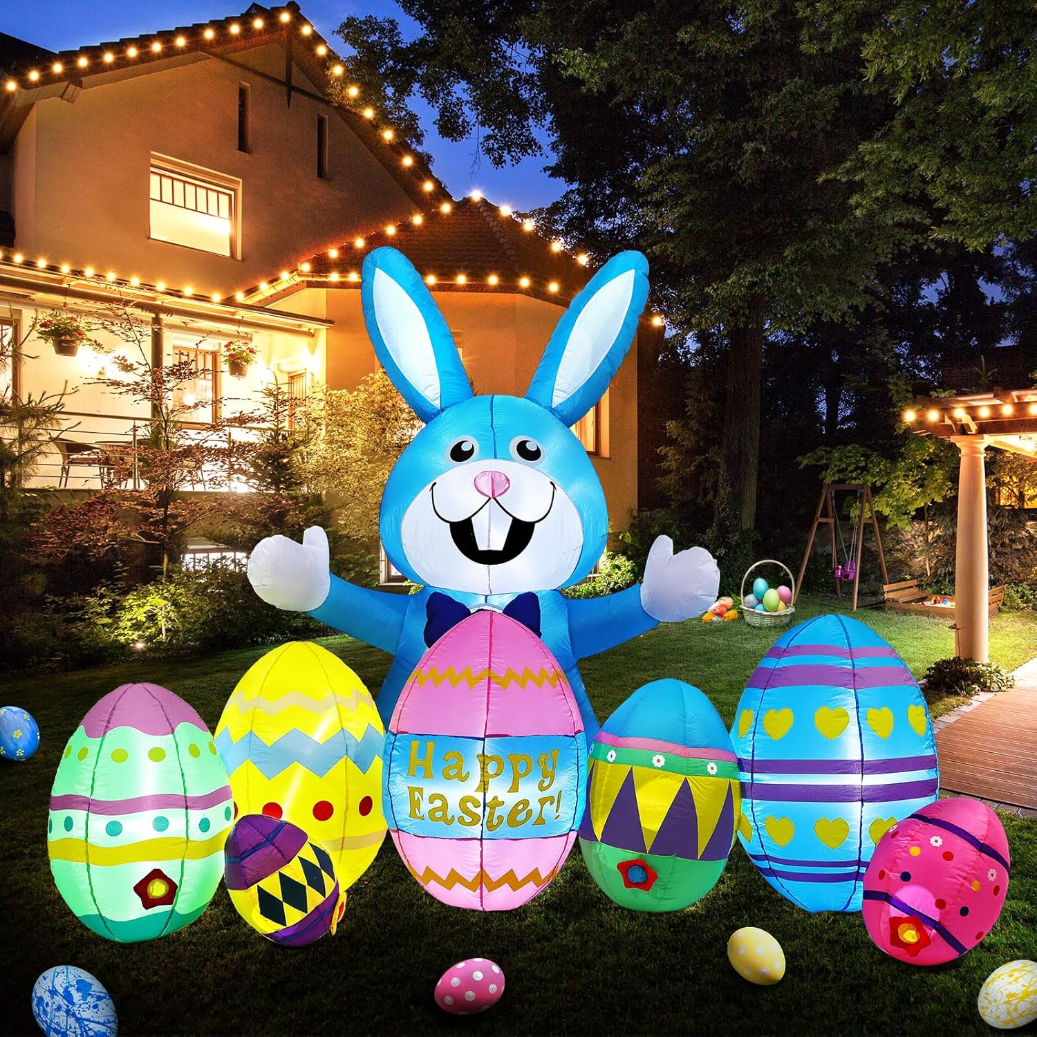 Skylety 7 Pack 8ft Long Easter Inflatables Outdoor Decorations Blow up Bunny and Eggs with Built-in LED Lights Happy Easter Yard Decoration for Outside Cute Spring Home Lawn Garden Hunt Party