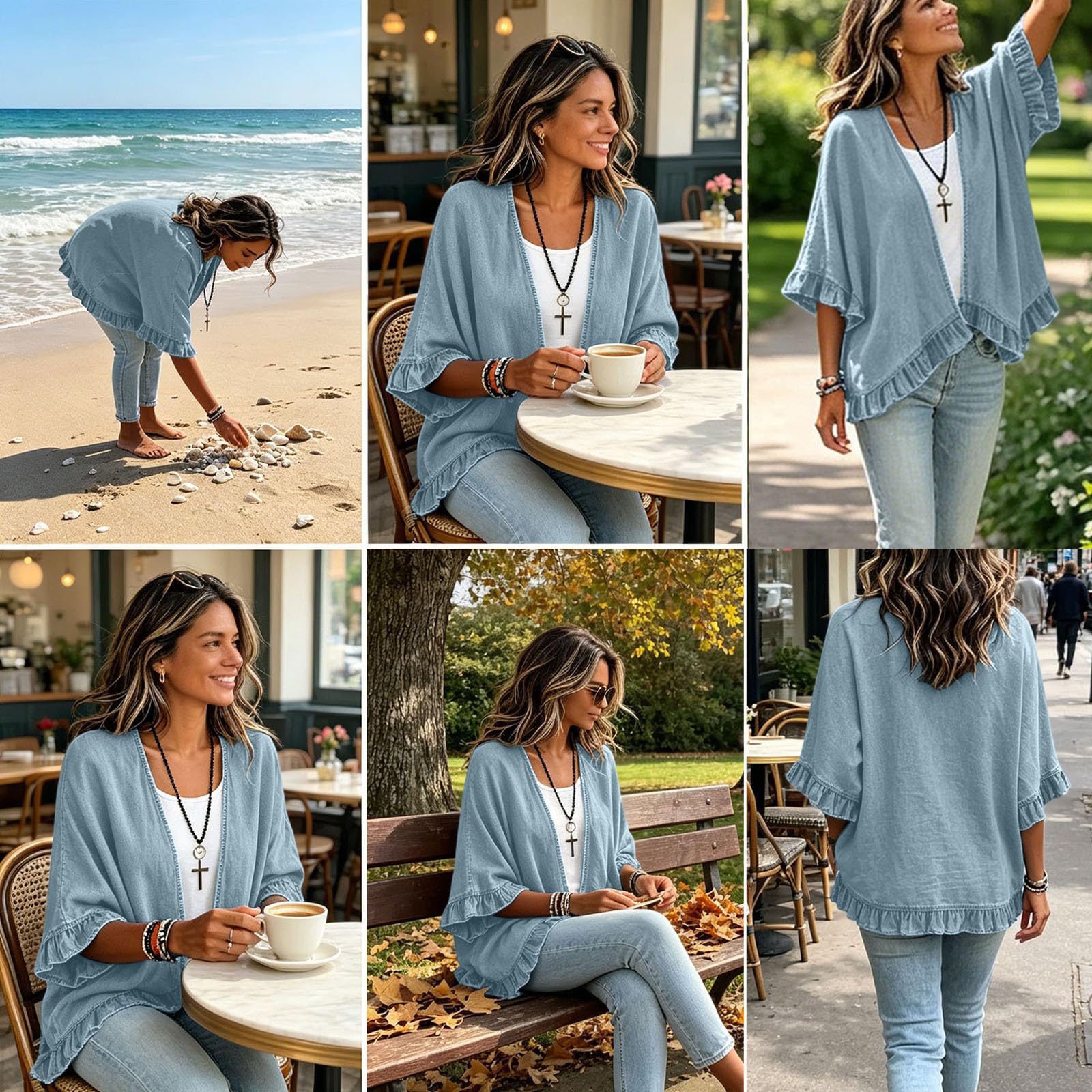 Chemise Femme Denim Légère Ouverte Manches à Volants Ample Mi-Saison Chic