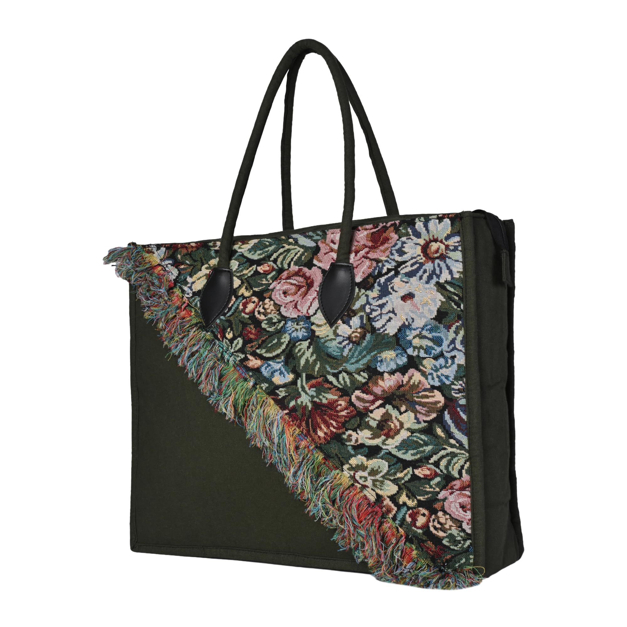 ensac Cotton Tote Bag for Women, Stylish Handbag for women with Zip Closure | Fit for Office Bag, College, Travel Use | Handcrafted in India(TOTE-SLANT-GREEN-BIG-1)-picture-11