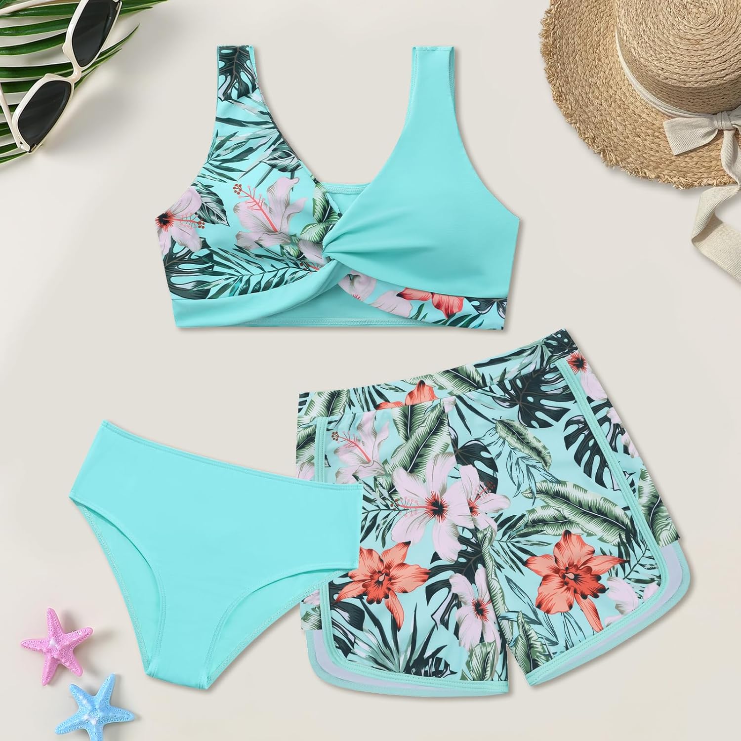 Weixinbuy Girl's 3 Piece Swimsuit Teen Swimwear Tropical Print Twist Cross Bikini Bathing Suit with Cover Up Shorts Size 9-16 - Image 2