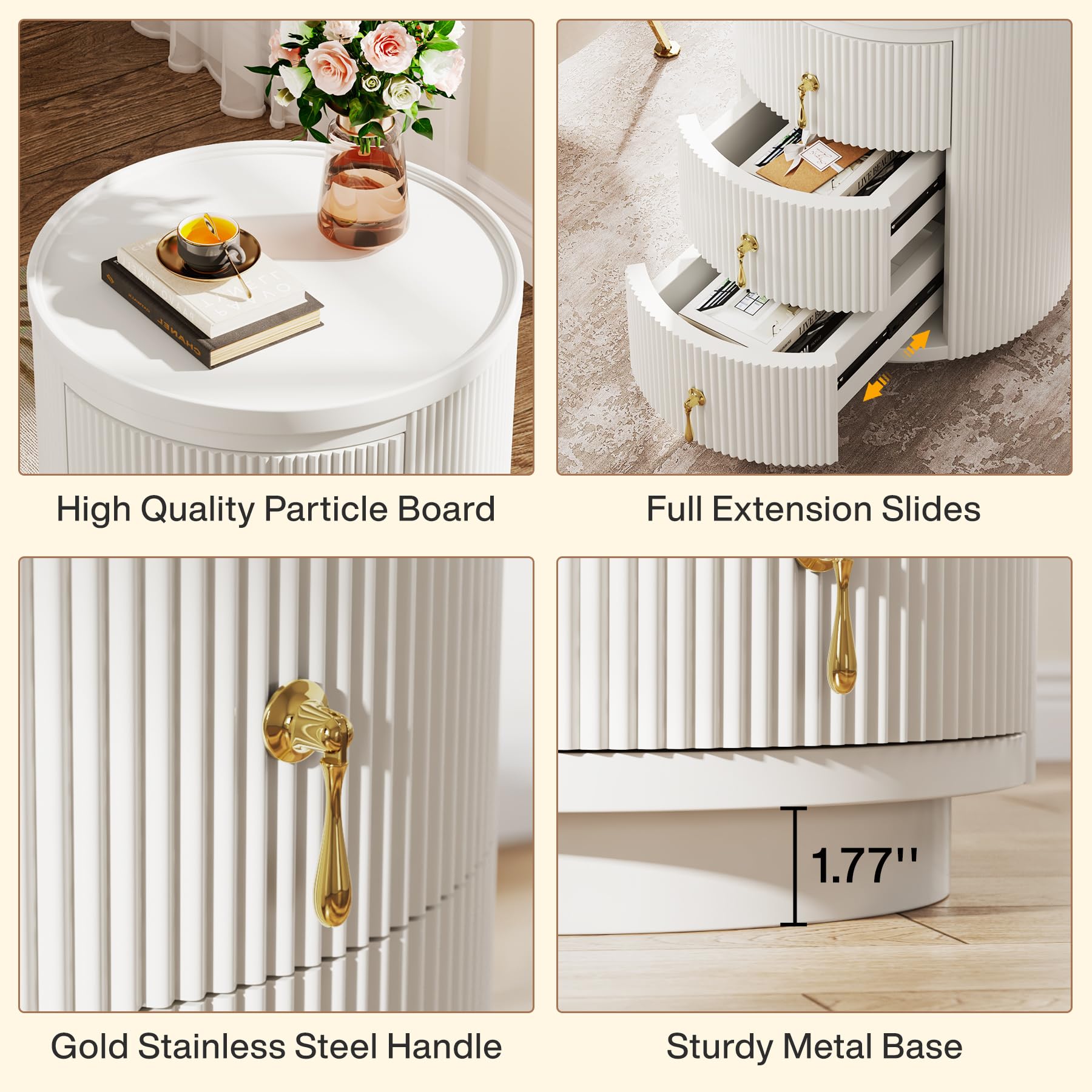 Tribesigns 3 Drawers Nightstand, Small Round End Side Table with Storage | No Assembly Required, 15.94"D x 15.94"W, For Bedroom, Gold Handles, White