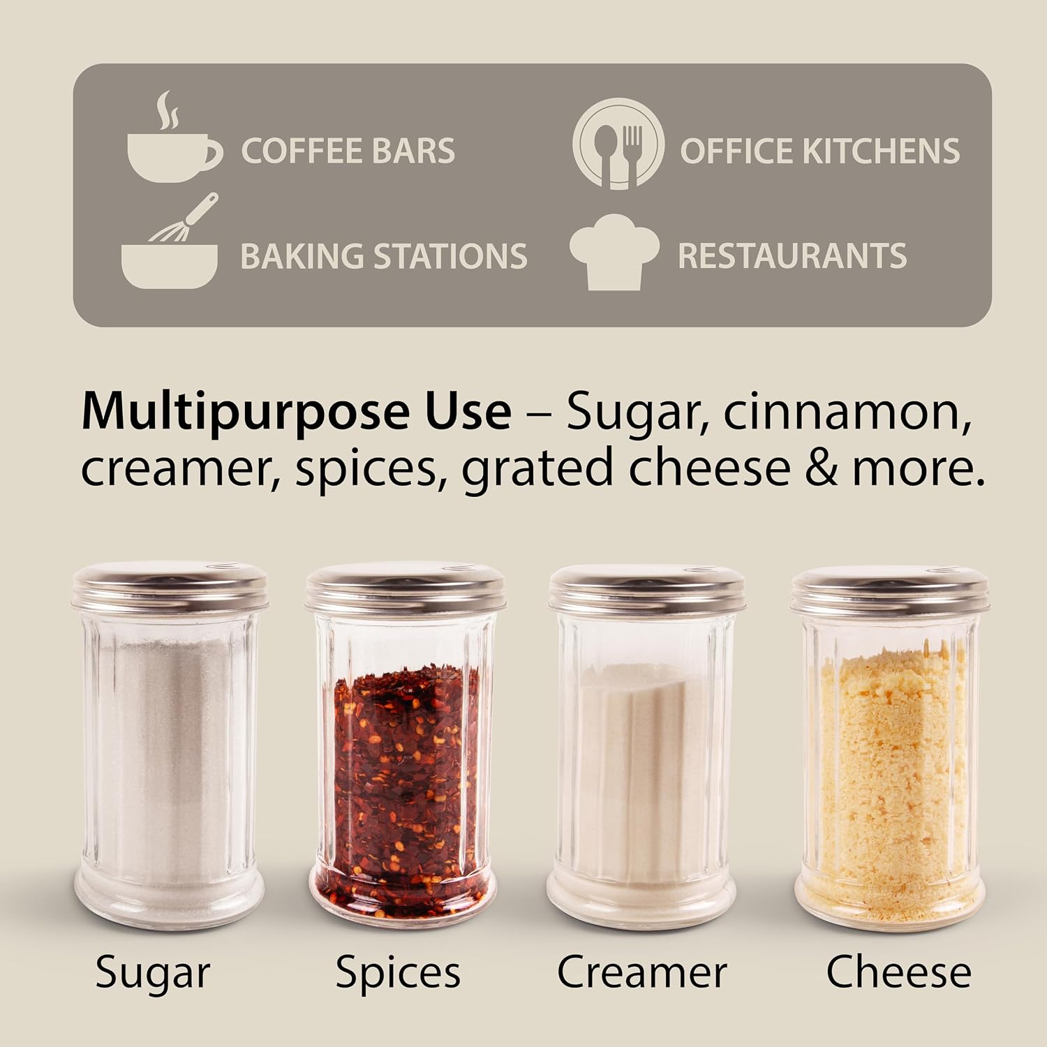 2 Pack Salt Sugar Shaker dispenser - Powder Sugar Dispenser Canisters - Glass Sugar Container with lid - Spice, Cinnamon, Baking Soda, Pourer Bottle Jar holder for Coffee Bar or Kitchen Countertop